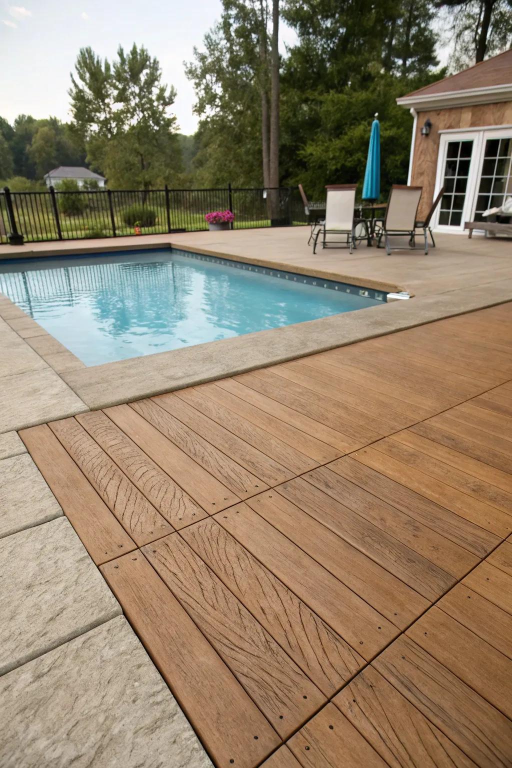 A stunning pool deck featuring nutmeg wood plank texture stamped concrete.