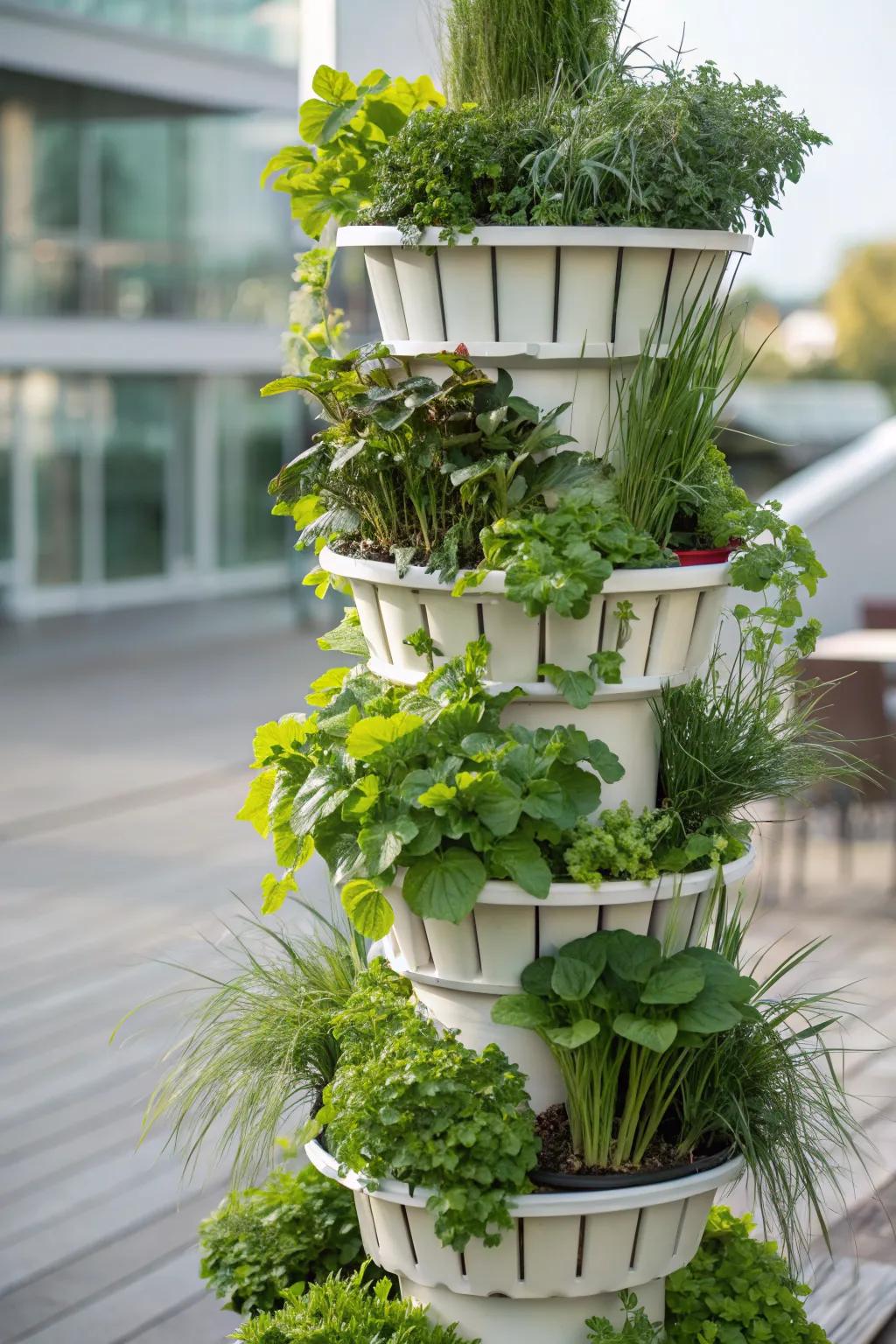 Vertical garden towers efficiently use vertical space.
