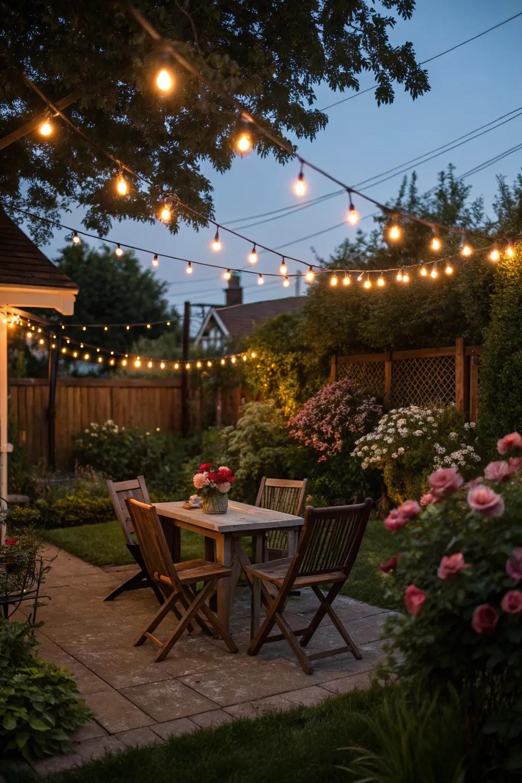 String lights add a magical touch to this backyard.
