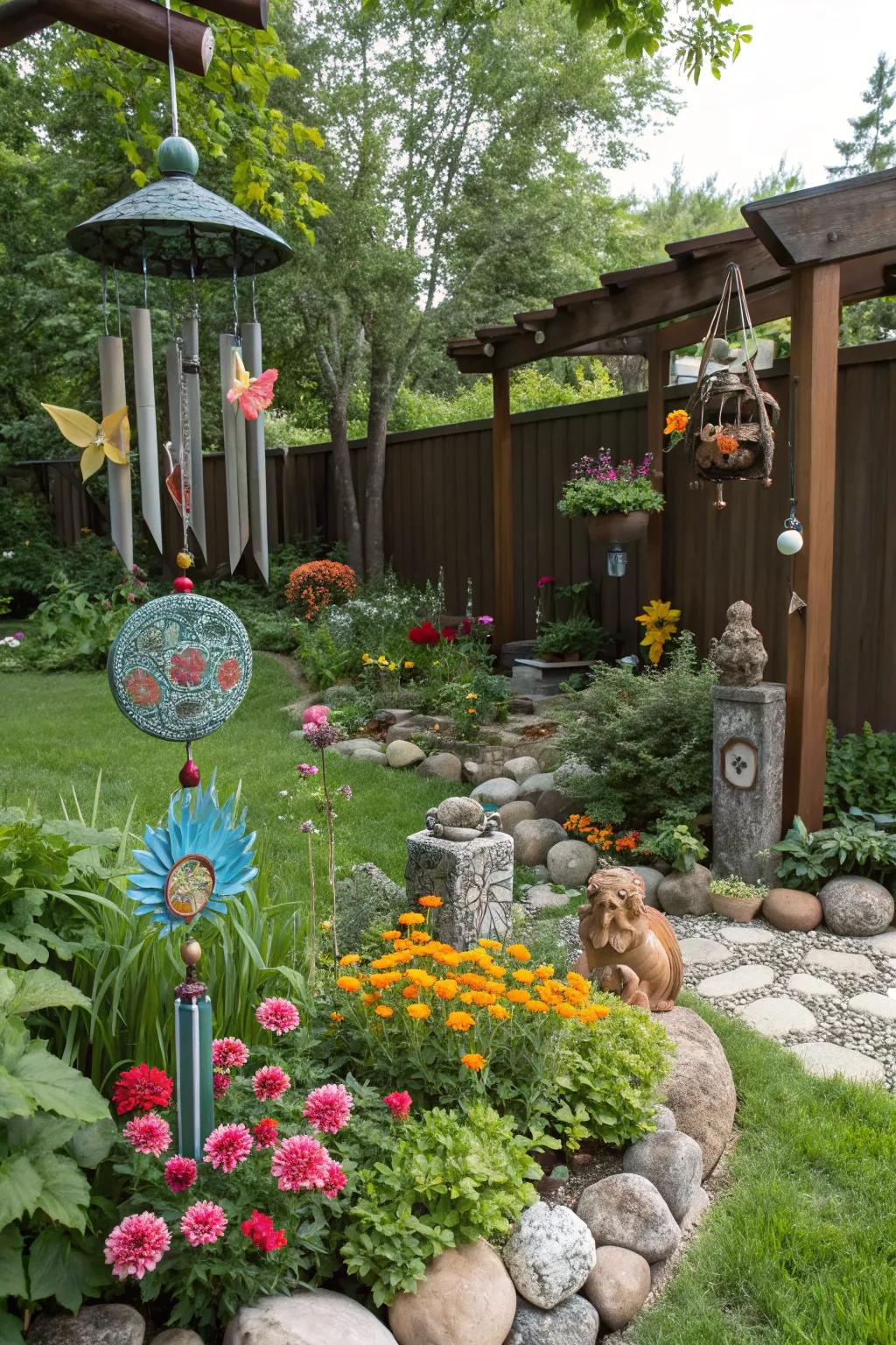 Artistic sculptures add personality and charm to this garden space.