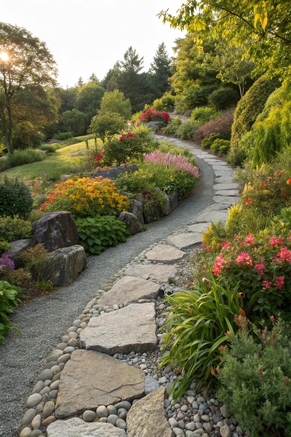 Rock and gravel pathways add elegance and ease.