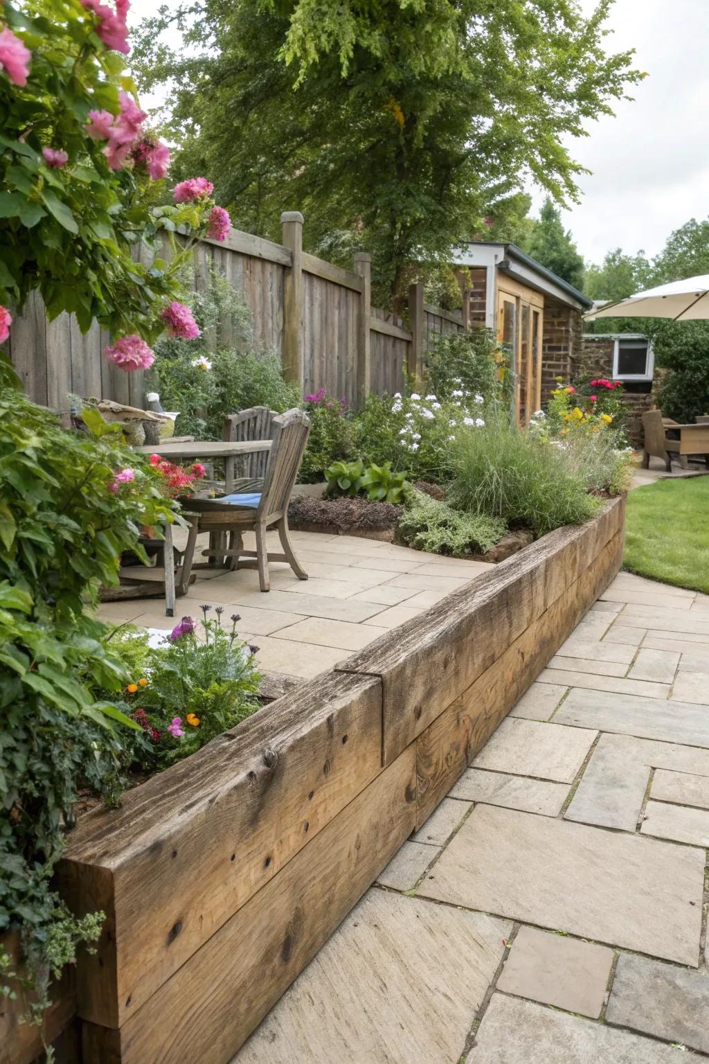 A welcoming patio edged with wooden sleepers, exuding rustic charm.