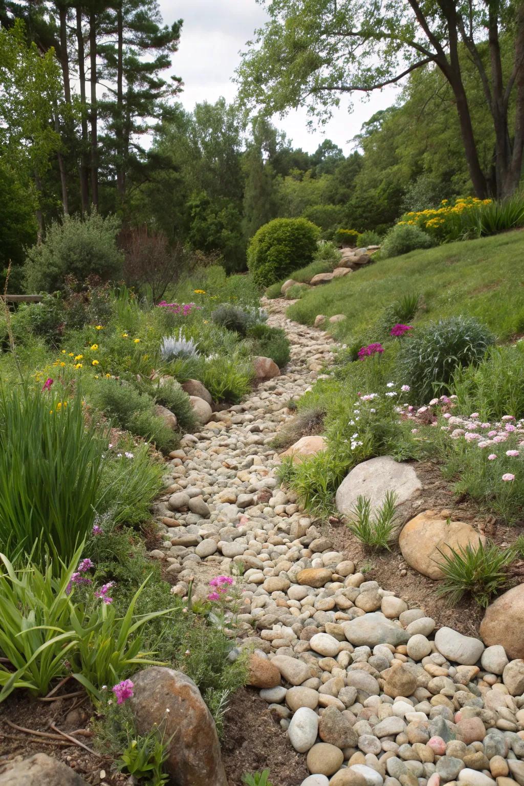 A dry stream bed with egg rocks adds serenity.