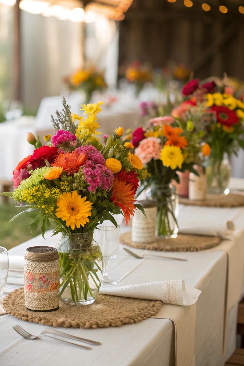Vibrant floral arrangements bring life to the garden party table.
