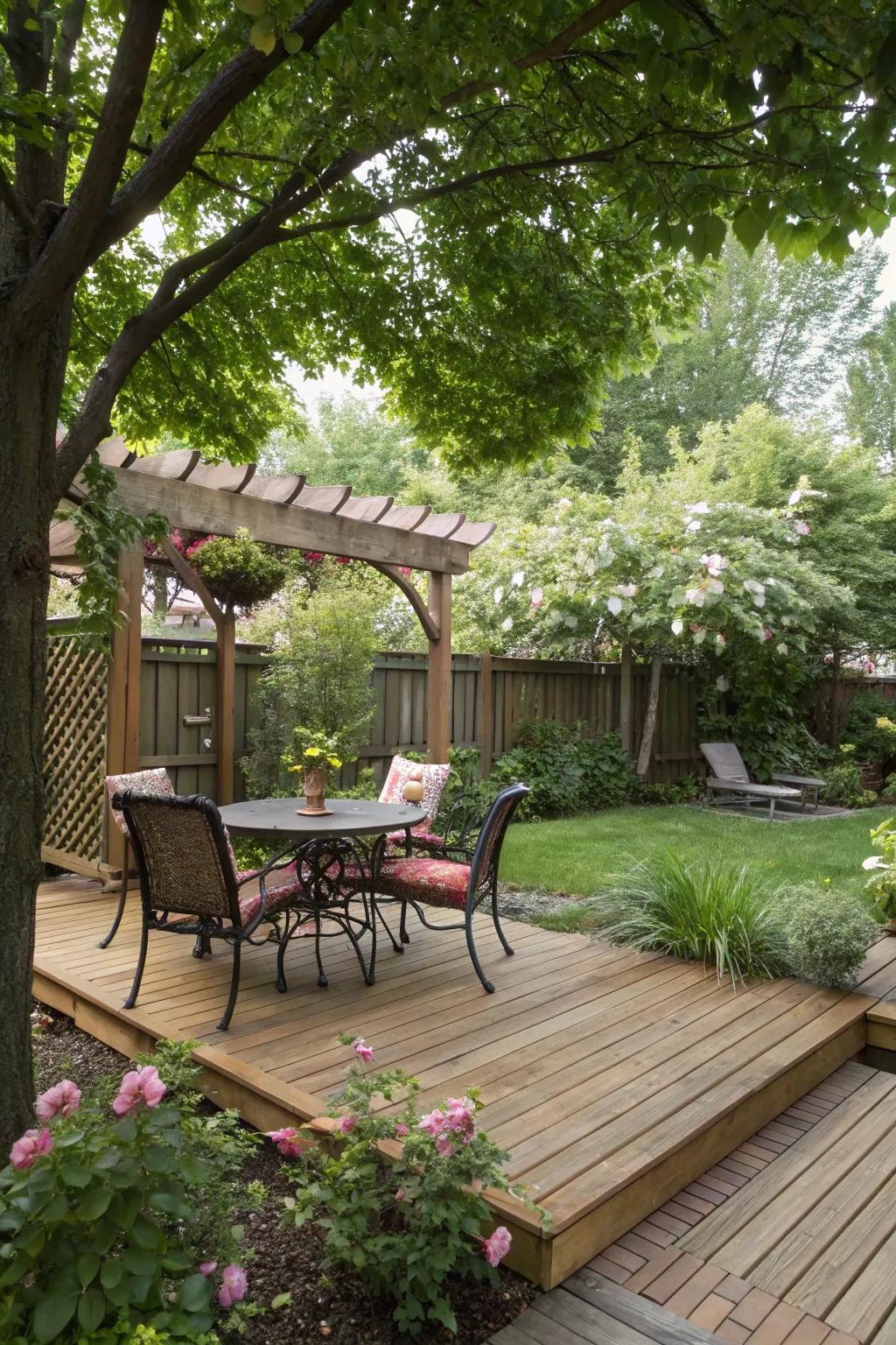 A stylish wooden deck in the backyard, perfect for outdoor activities.