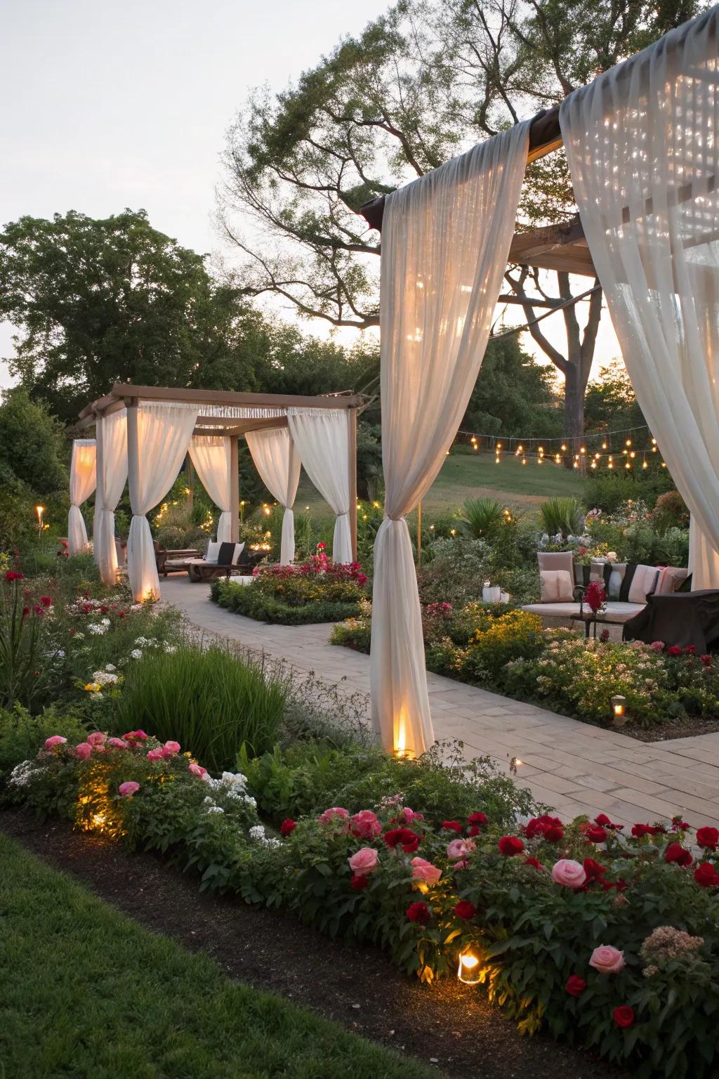 Sheer canopies add an ethereal charm to the setting.
