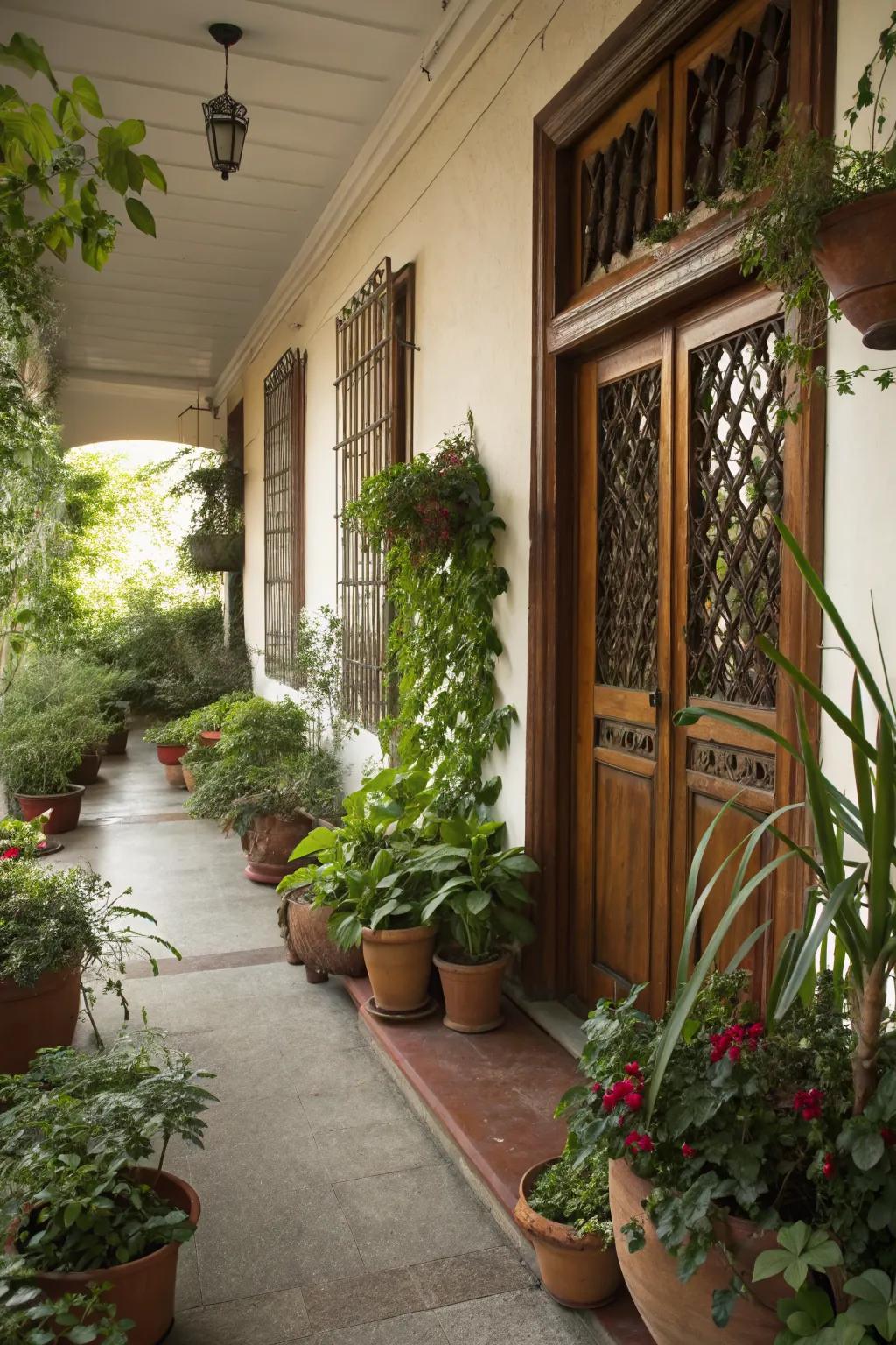 Lush greenery adds life and color to the porch.
