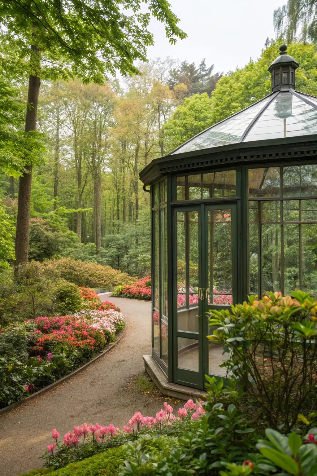 A stunning glass-walled pavilion that brings the outdoors in.