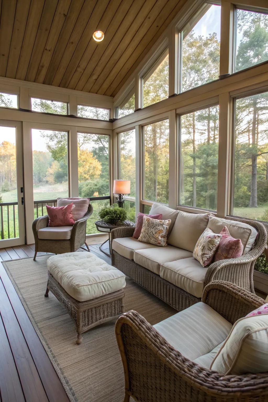 Plush seating provides the ultimate comfort on an enclosed porch.
