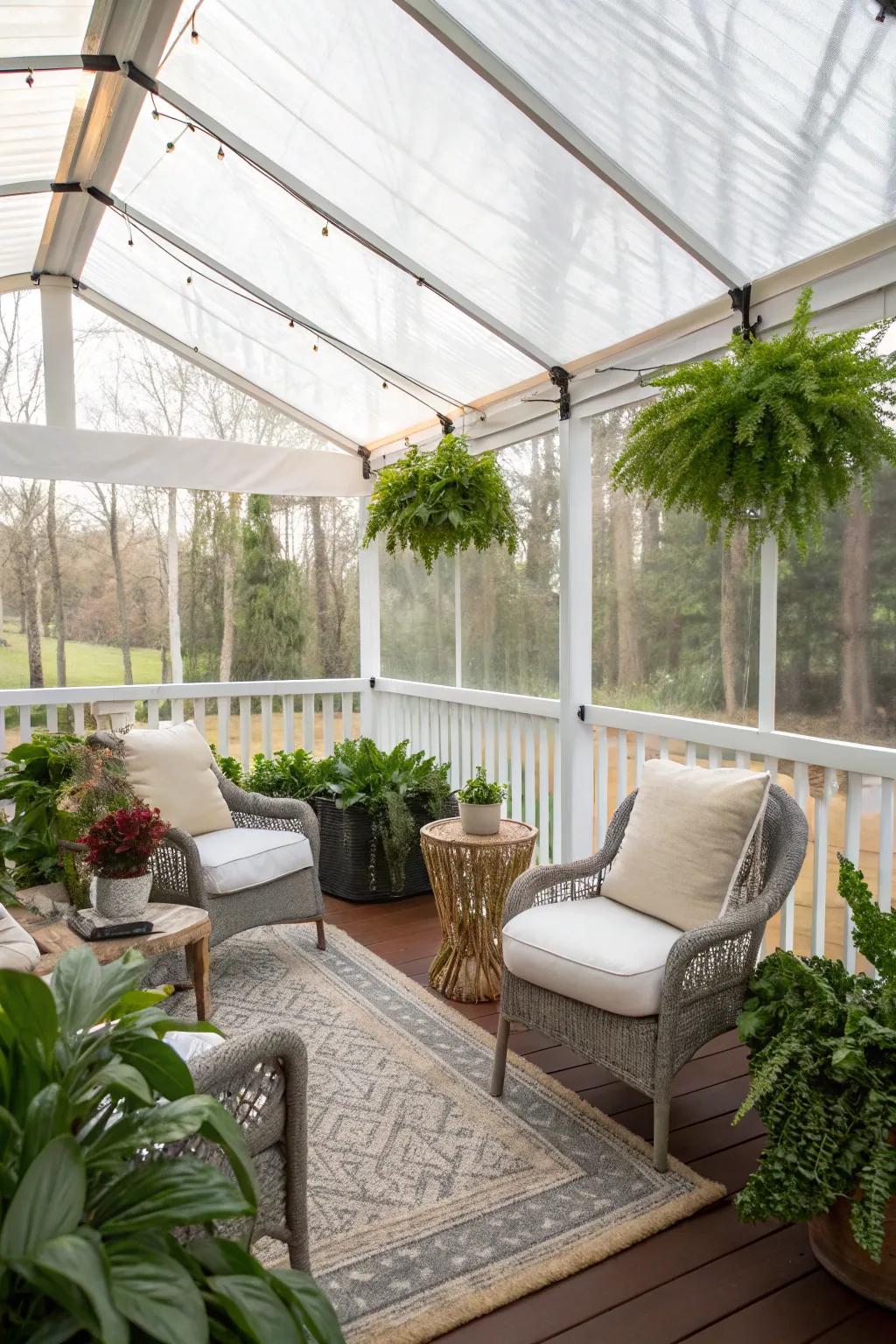 Clear vinyl enclosures protect from the elements while inviting nature in.