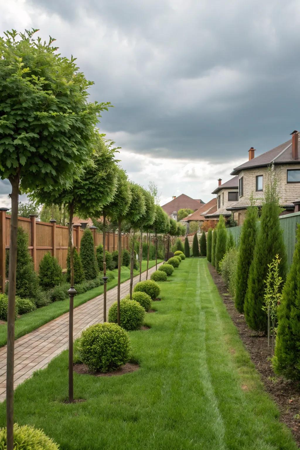 Small trees provide privacy without overwhelming the space.