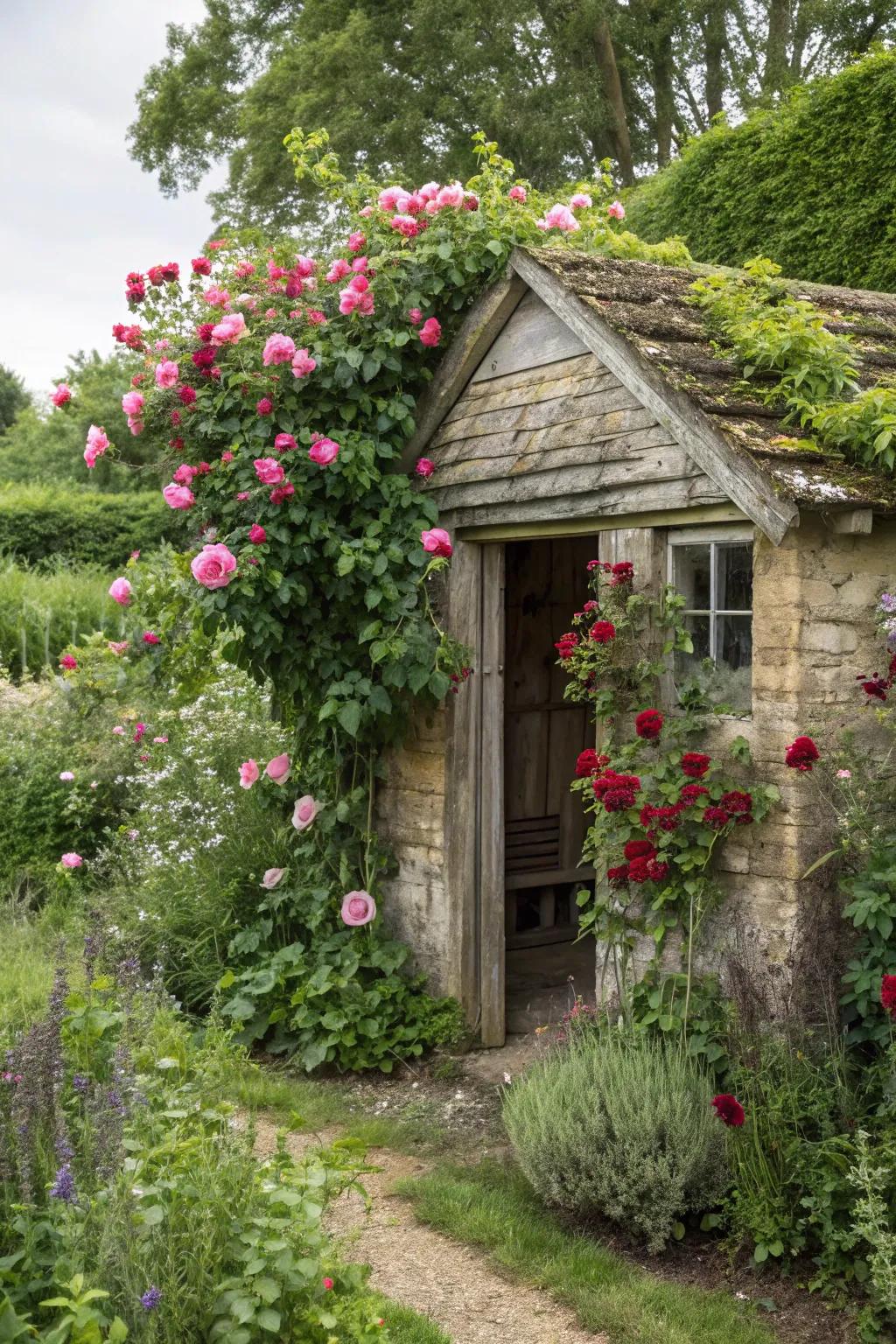 A charming garden shed, wrapped in the embrace of climbing roses.