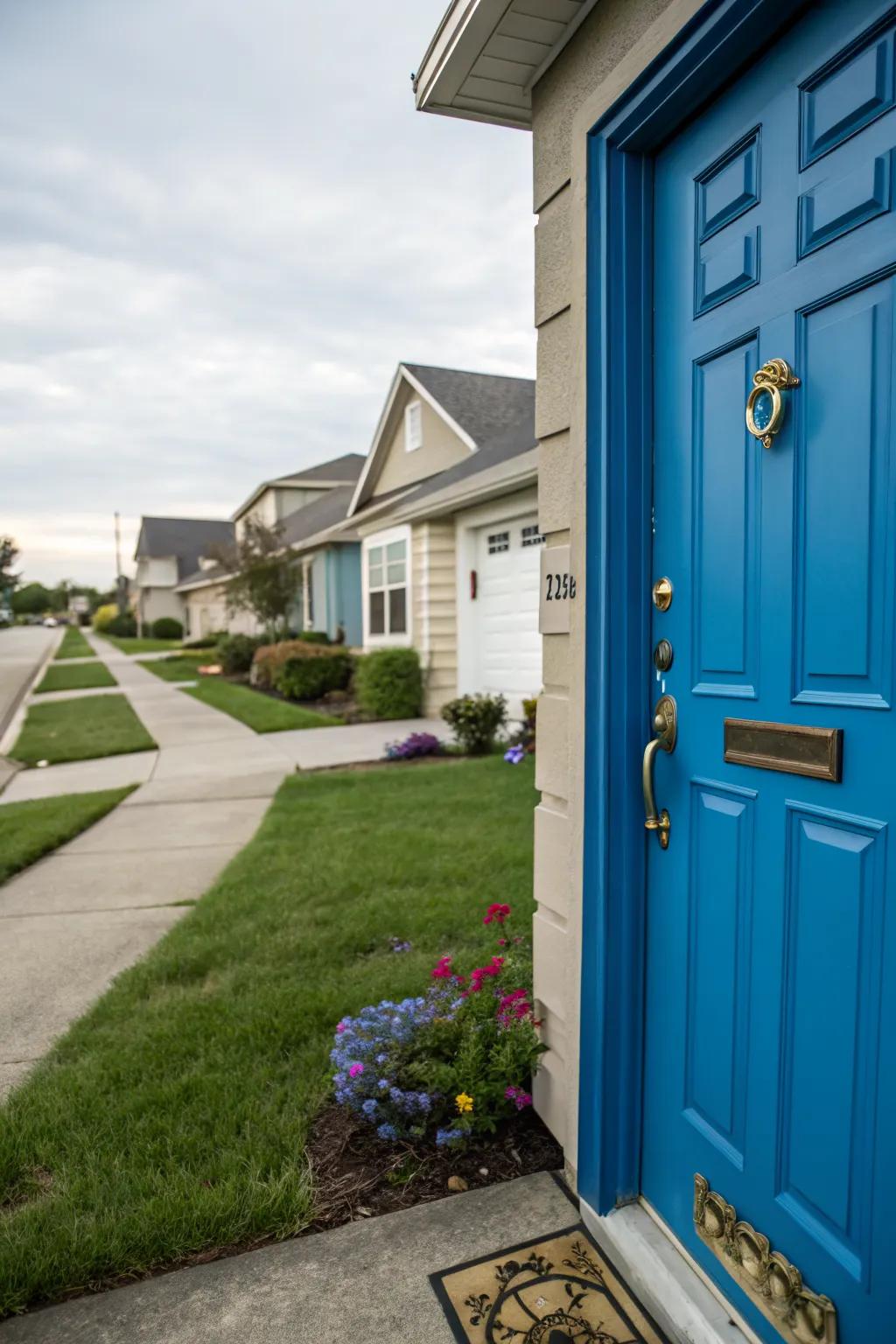 A bold and vibrant entrance door that catches the eye and adds personality.