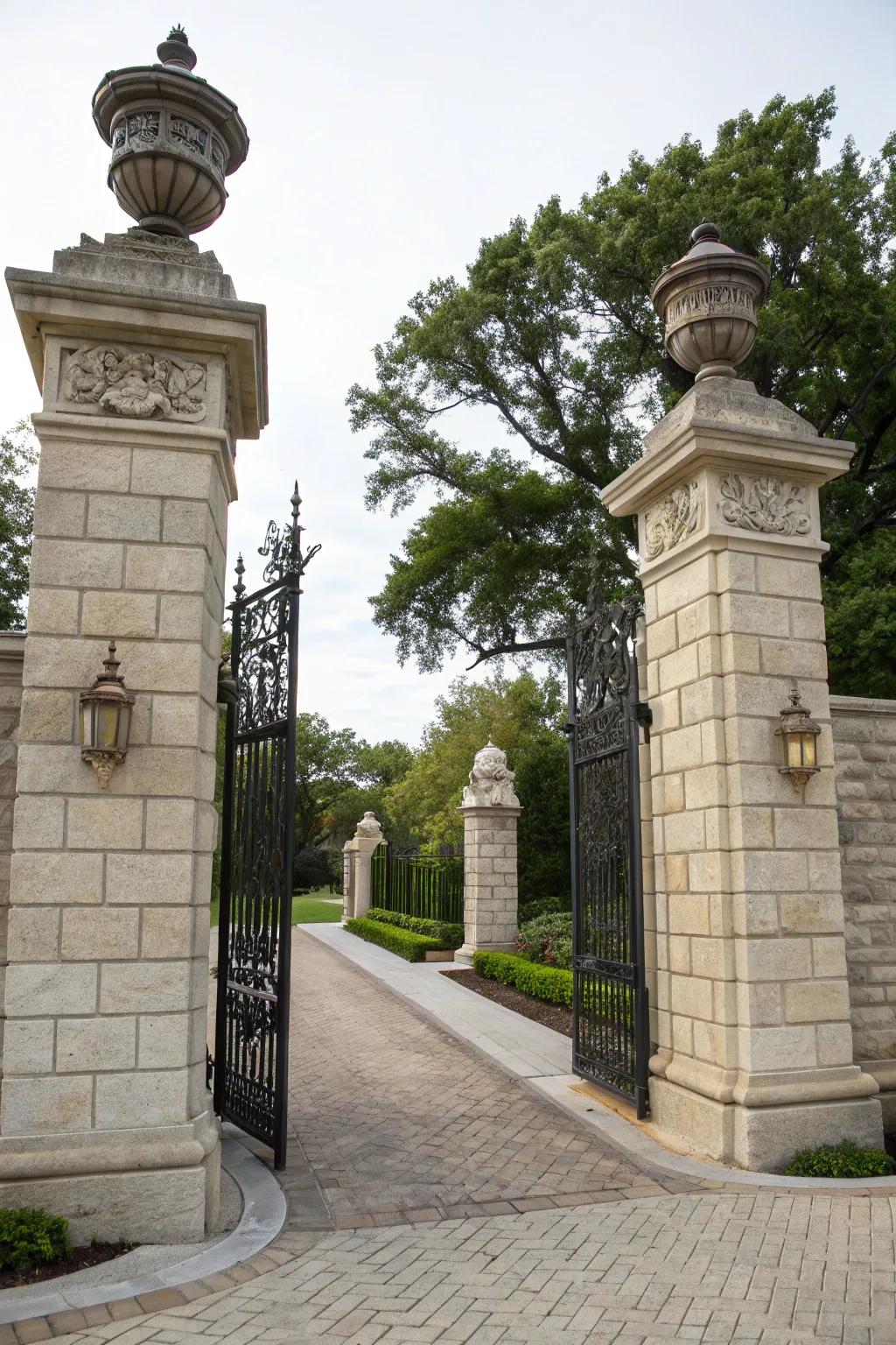 Decorative capstones crown these stone pillars, adding classic elegance.