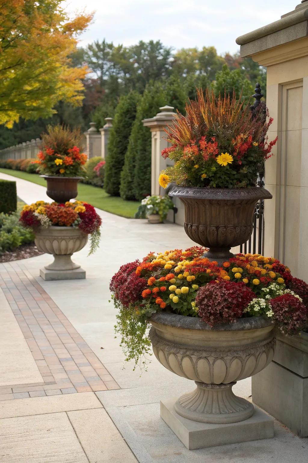 Ornamental planters add color and height to your entryway.