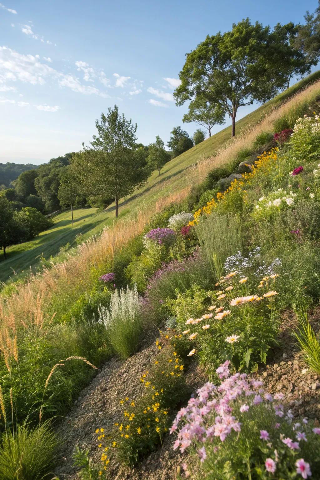 Native plants thriving on a hillside, holding soil in place.