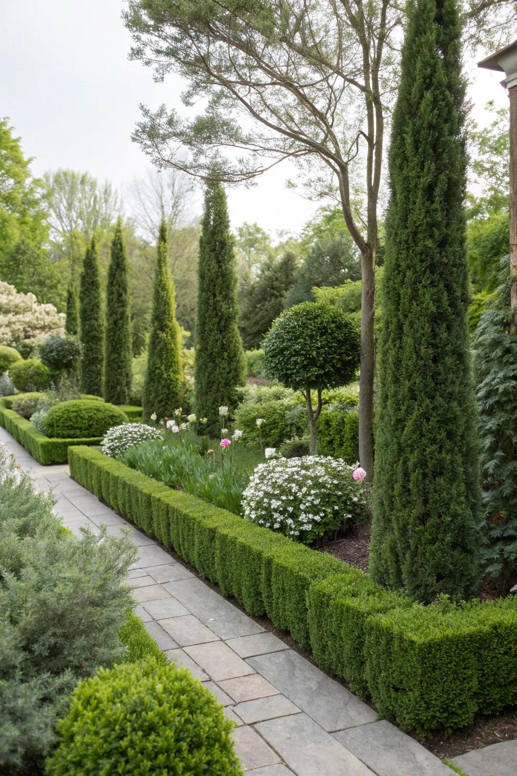 Layered planting with arborvitae and boxwood for depth.