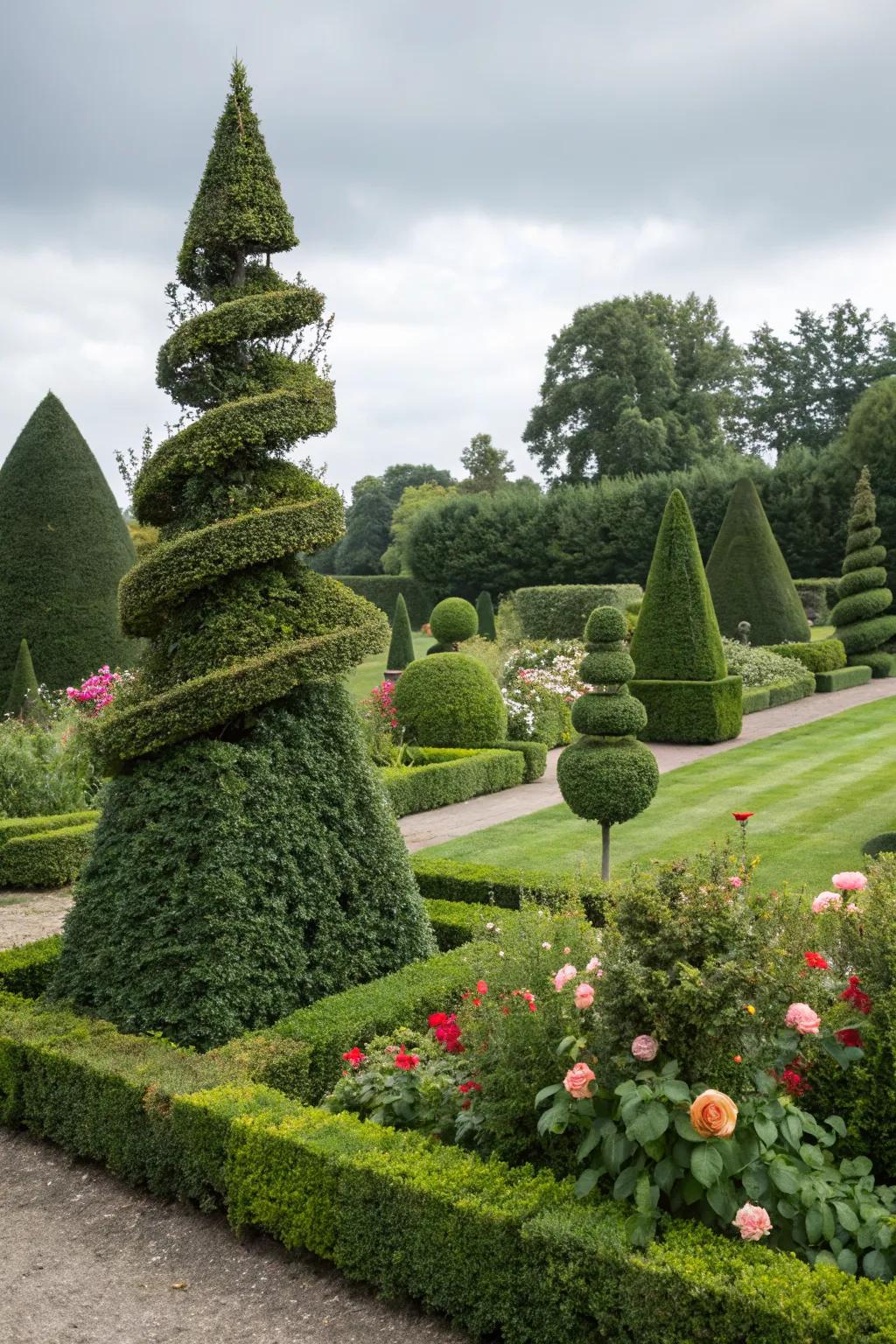 Topiary art featuring geometric shapes in a lush garden.