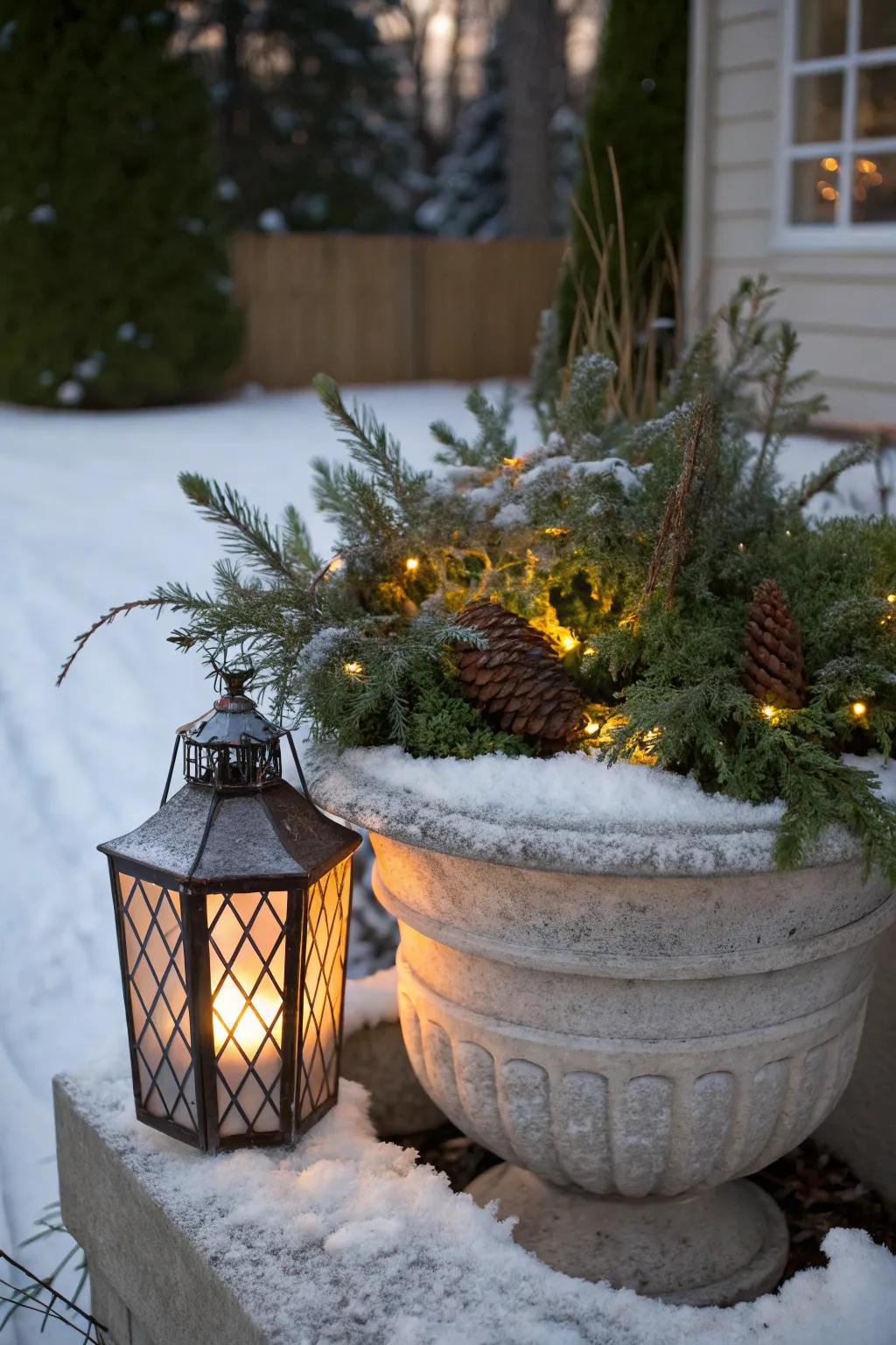 A lantern adds warmth and charm to a winter planter.
