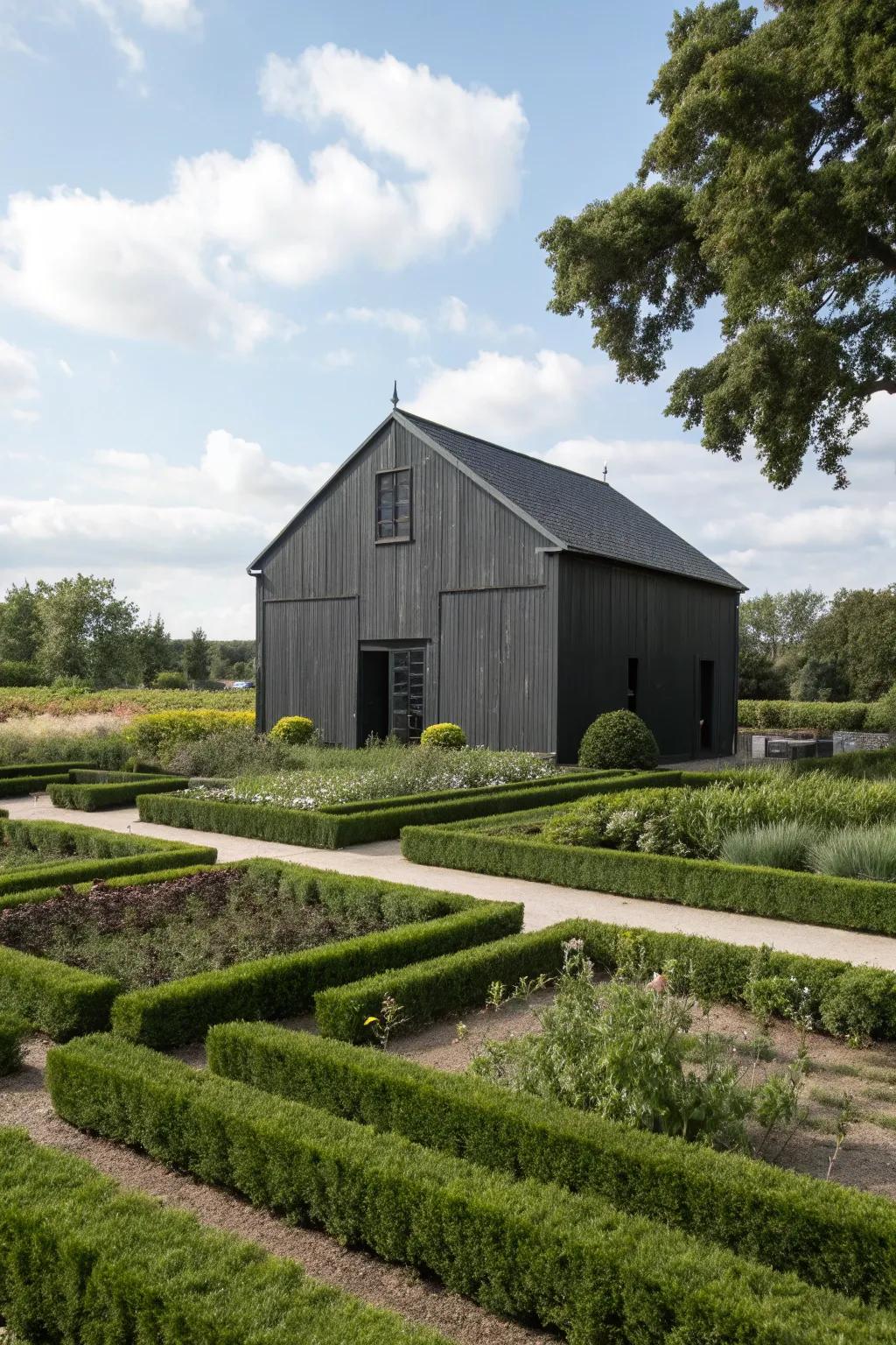 A contemporary dark gray barn adds sophistication to any property.