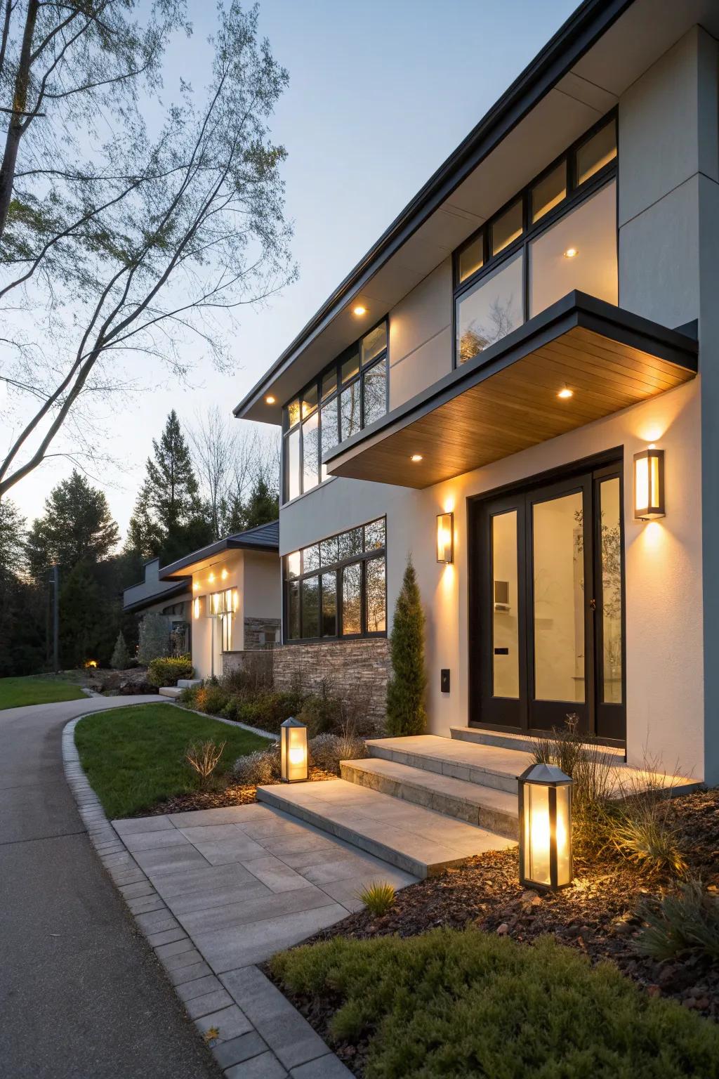 Modern lighting fixtures illuminate and enhance the elegance of this flat front house.