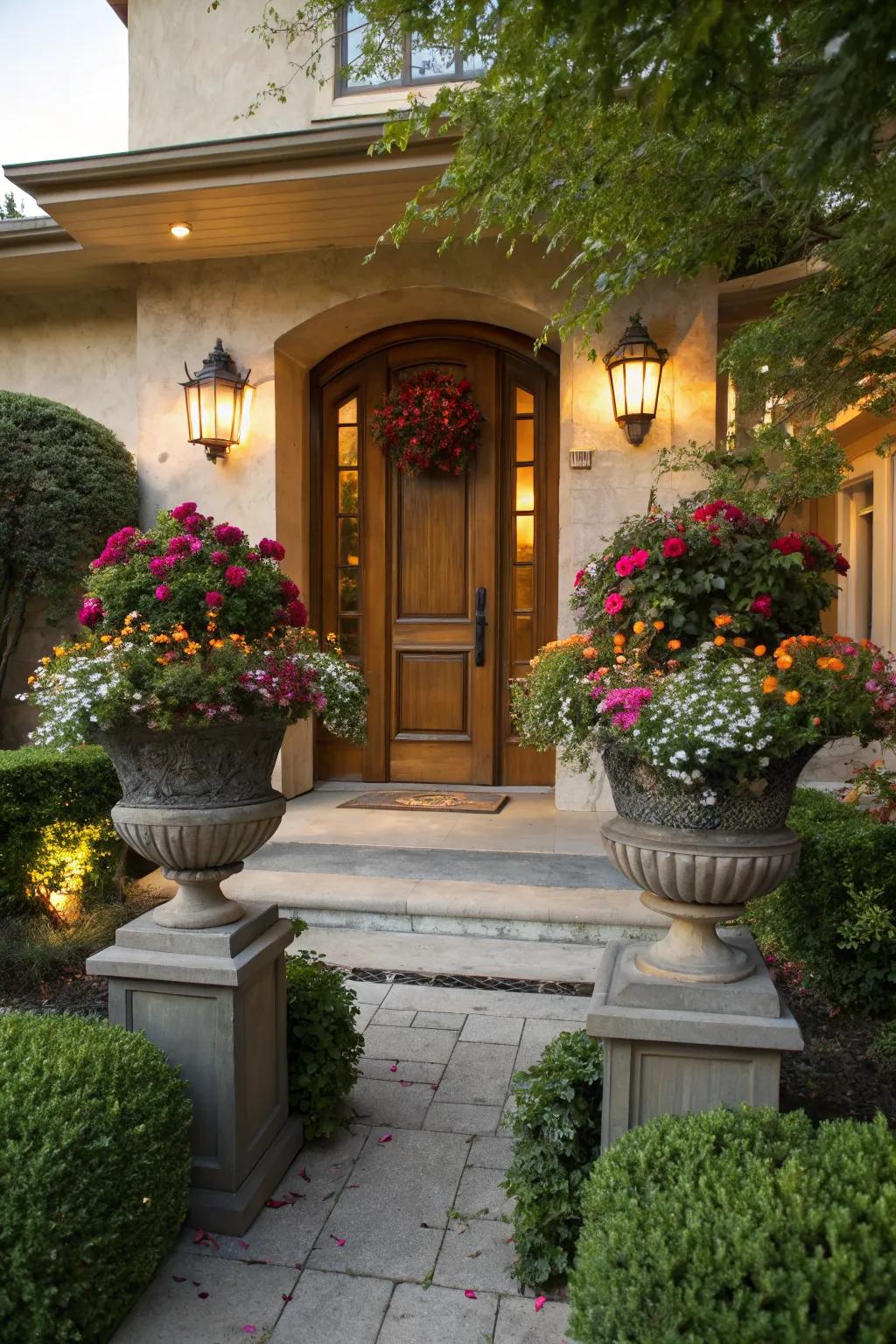 Symmetrical planter arrangements offer a pleasing sense of order and style.