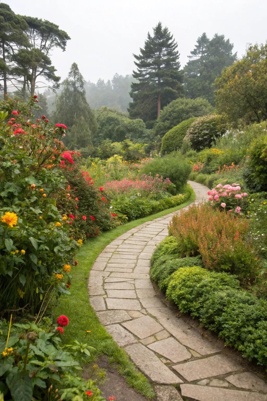 A curved stone pathway in a lush garden.