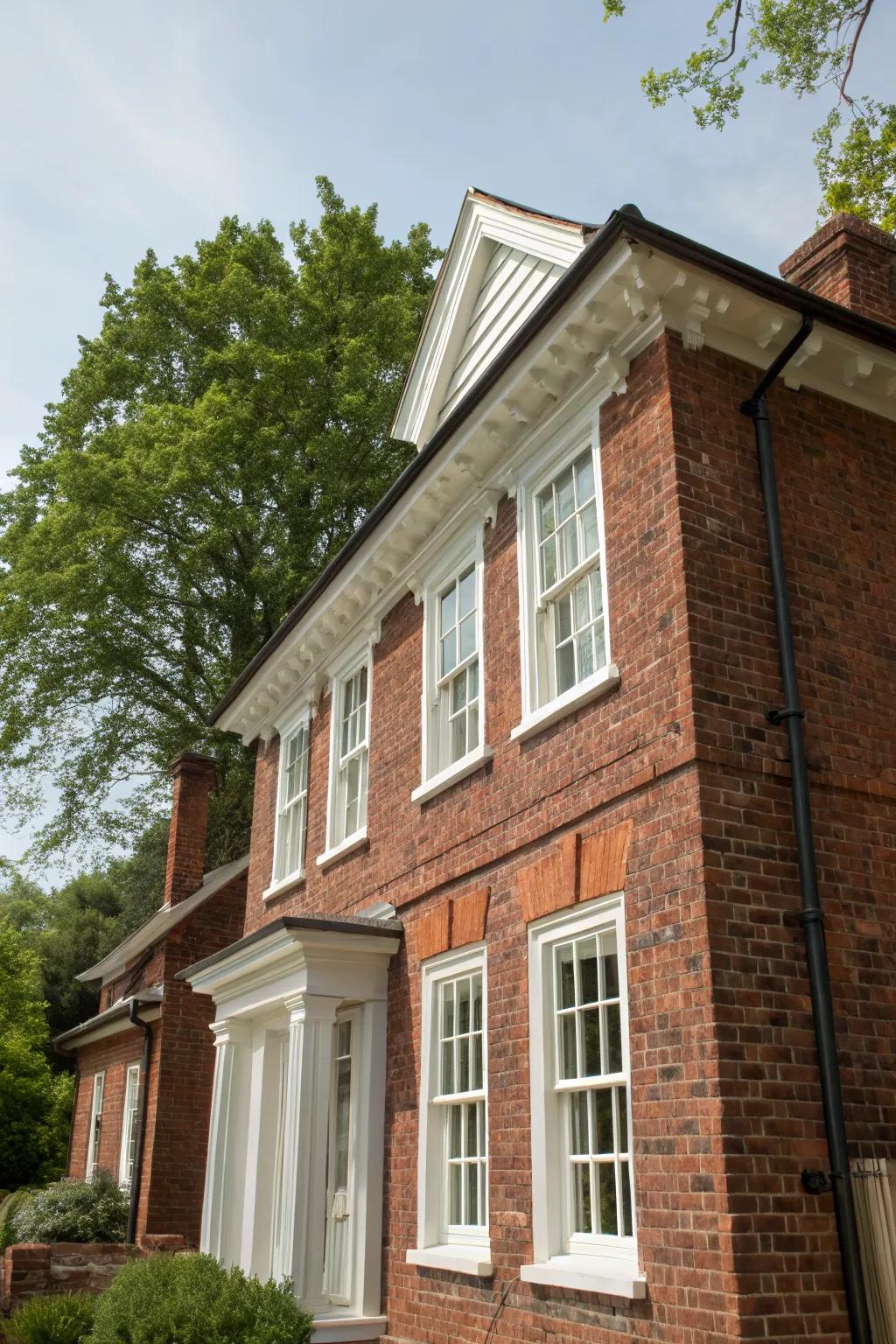 White trims offer a timeless elegance on brick.