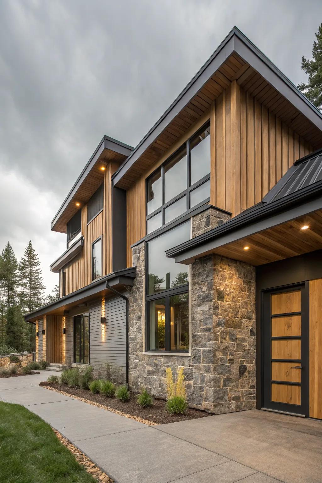 Mixed materials create a dynamic and contemporary exterior.