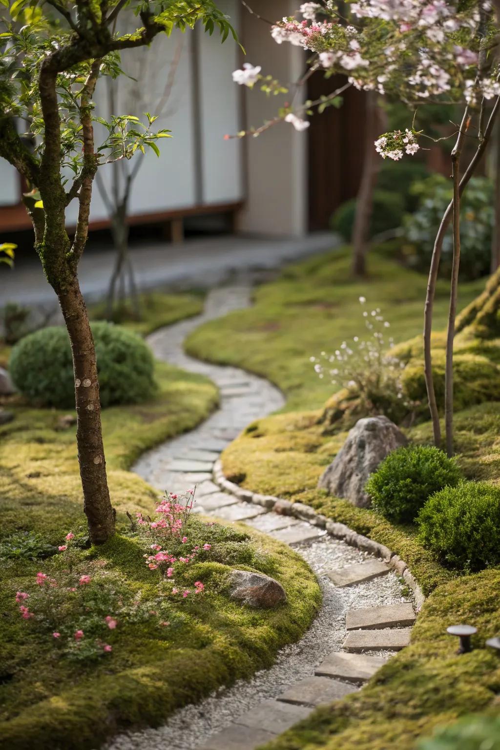 A lush moss-covered pathway winding through a whimsical fairy garden.