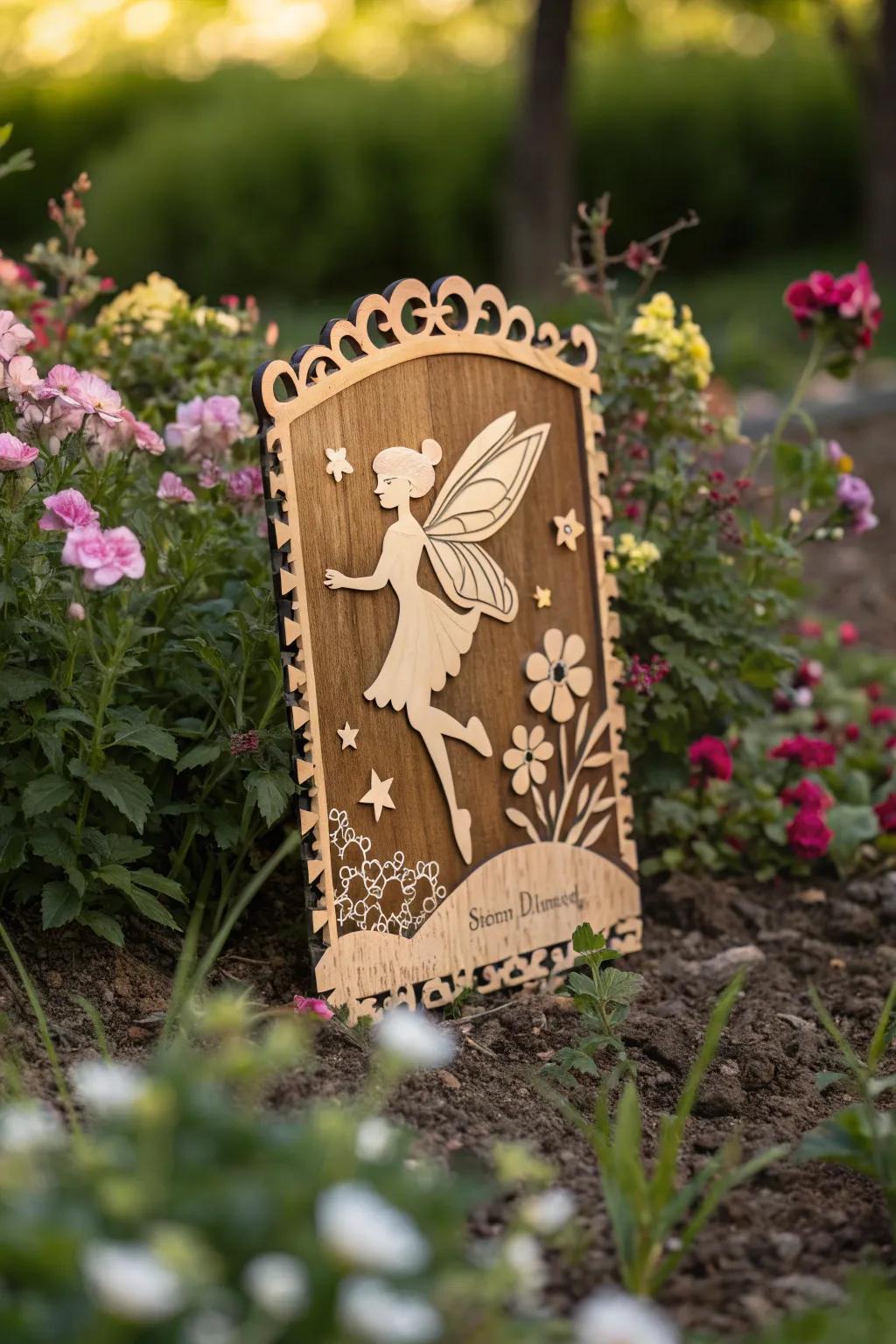 A wooden sign featuring a fairy silhouette surrounded by garden flowers.