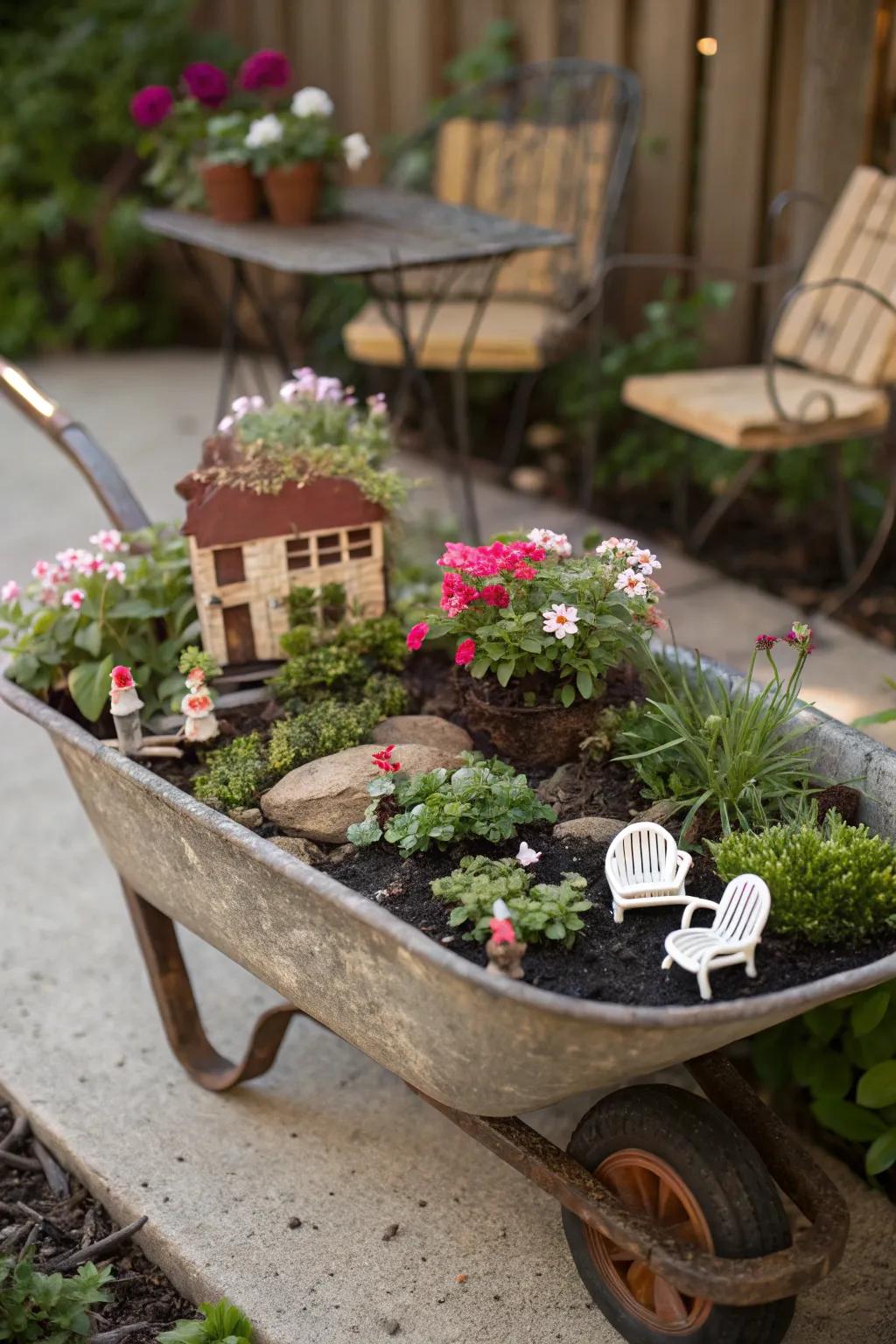 A wheelbarrow fairy garden offers portability and charm.