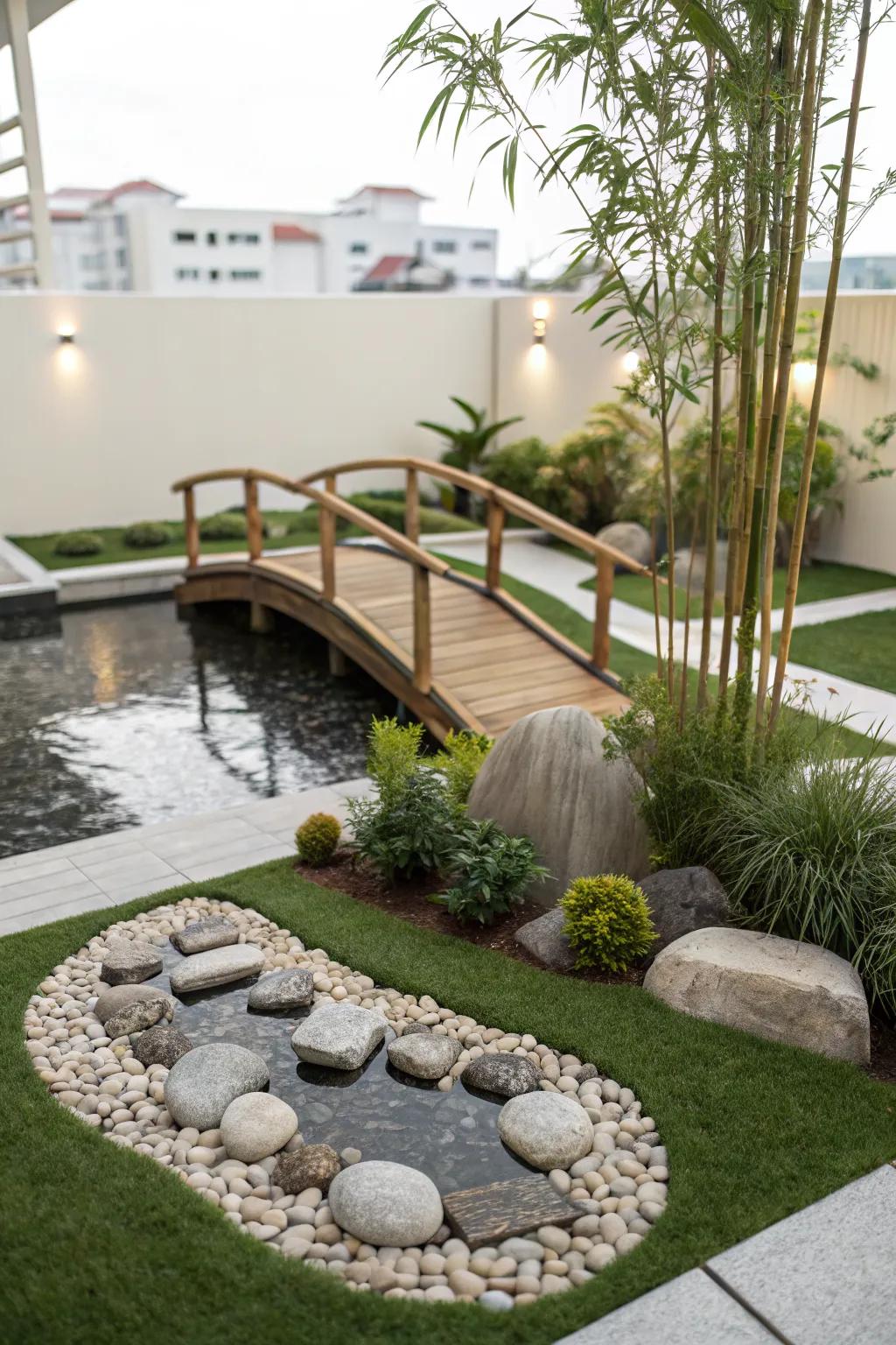 A mini Zen oasis with artificial grass, stones, and a water feature.