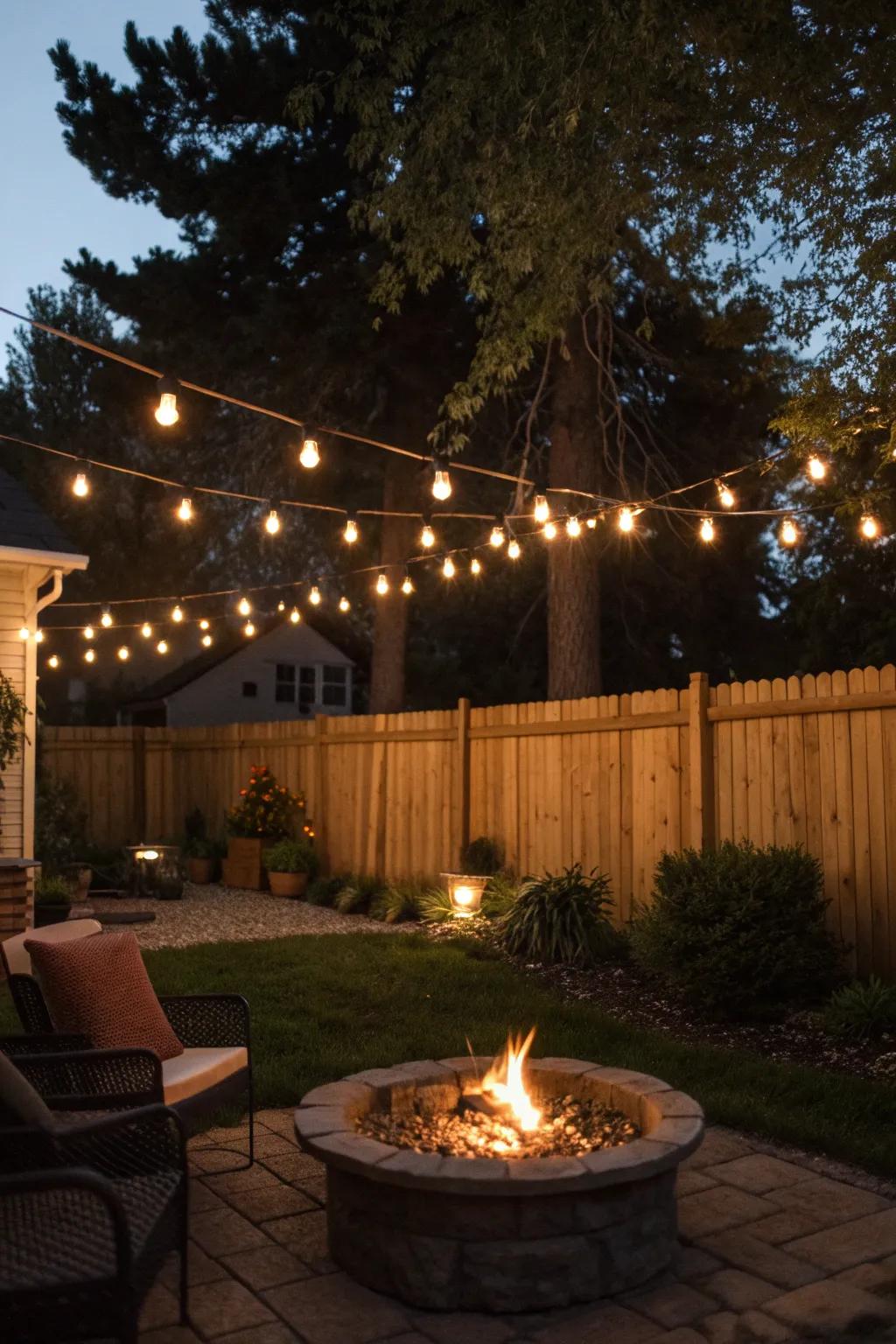 String lights casting a warm glow over a backyard bonfire setup.