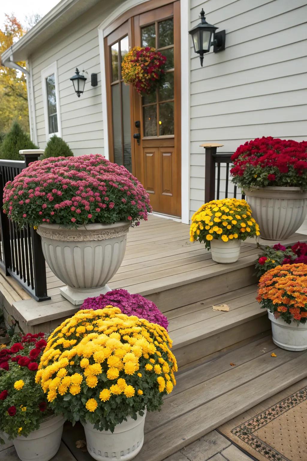 Bright mums in planters add a welcoming touch to the deck entrance.