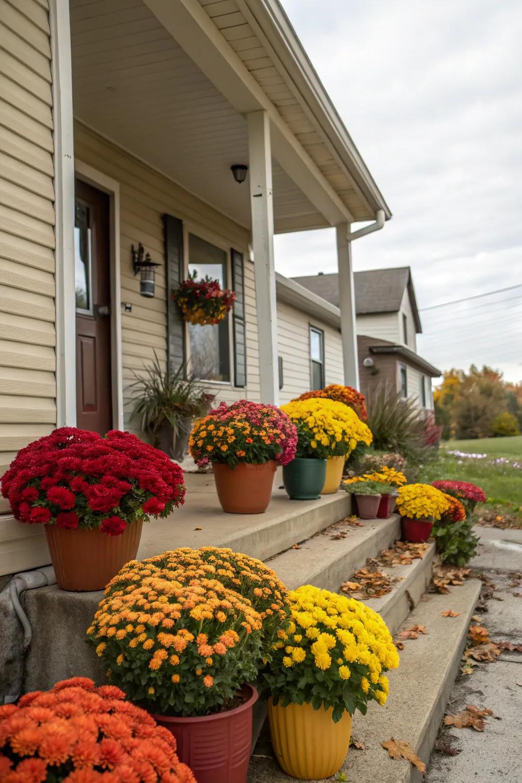 Vibrant mums provide a splash of color to your fall porch.