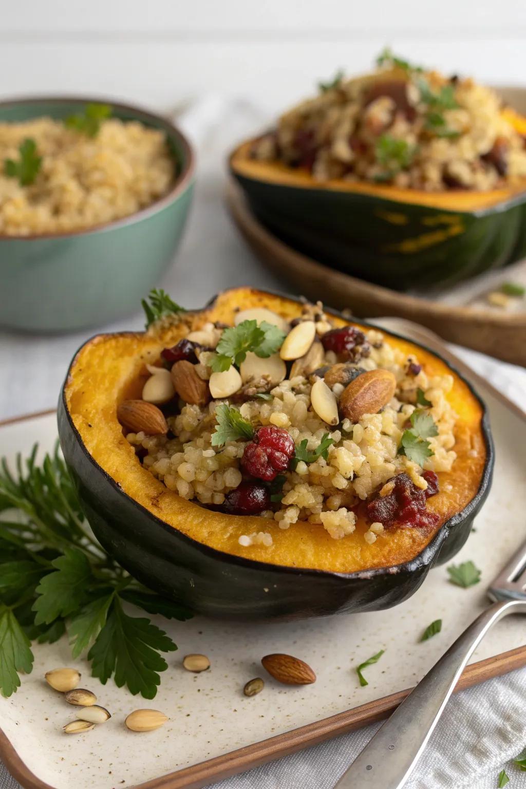 Stuffed acorn squash, a perfect blend of textures and flavors.