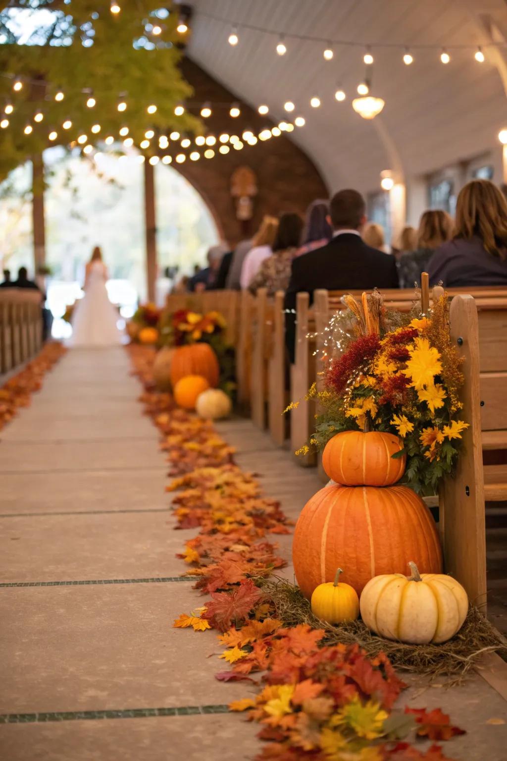 A wedding aisle beautifully lined with pumpkins.