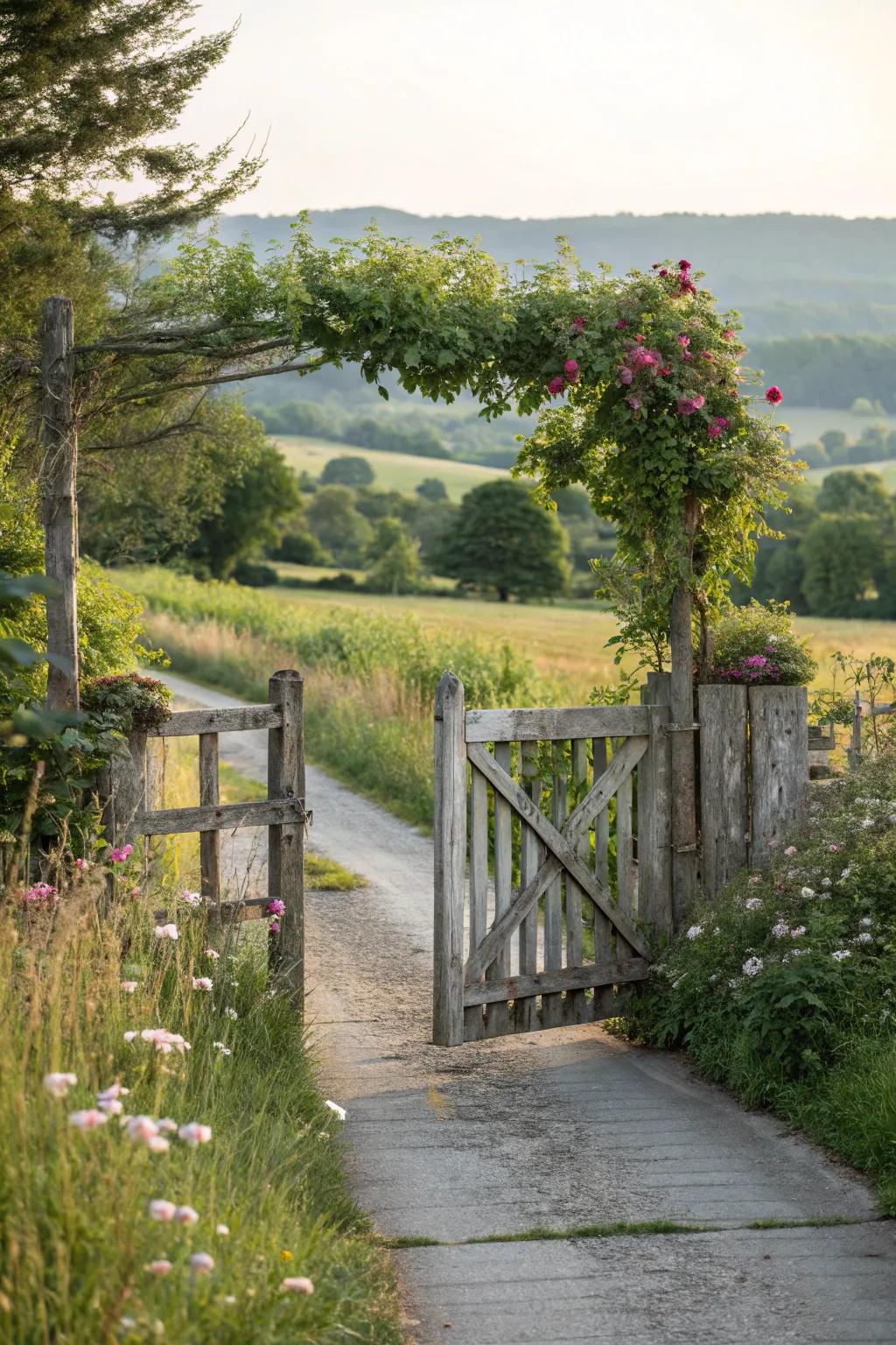 Wooden gates adding warmth and character to a farm driveway entrance.
