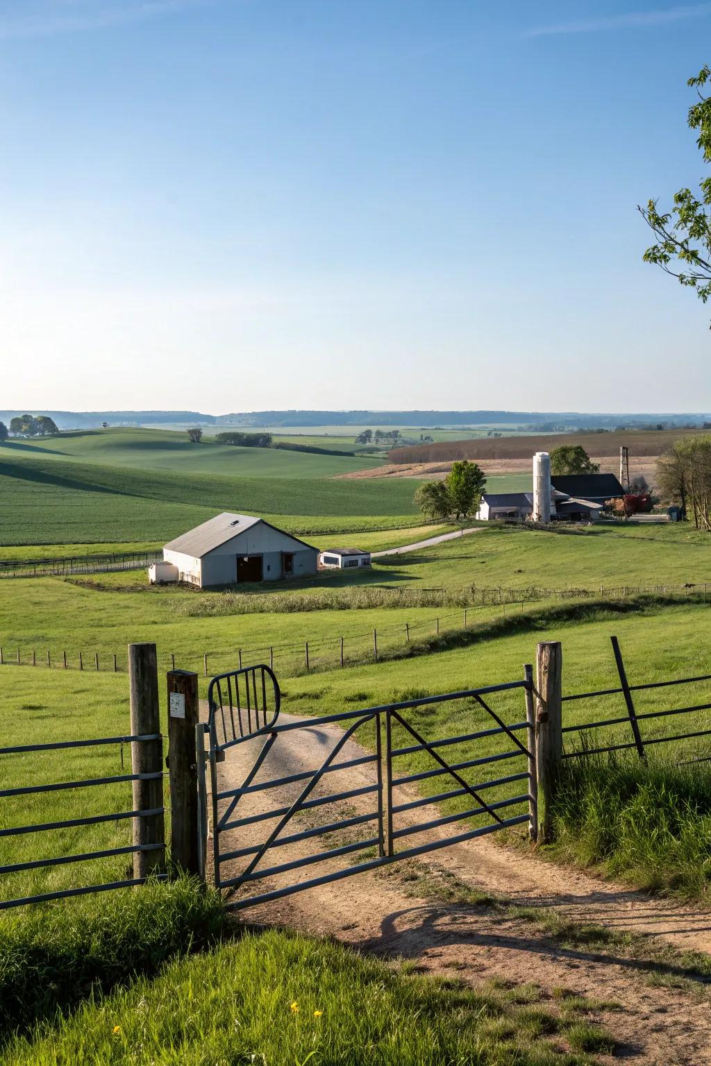 Swing gates provide both functionality and charm, swinging open to the vast fields beyond.