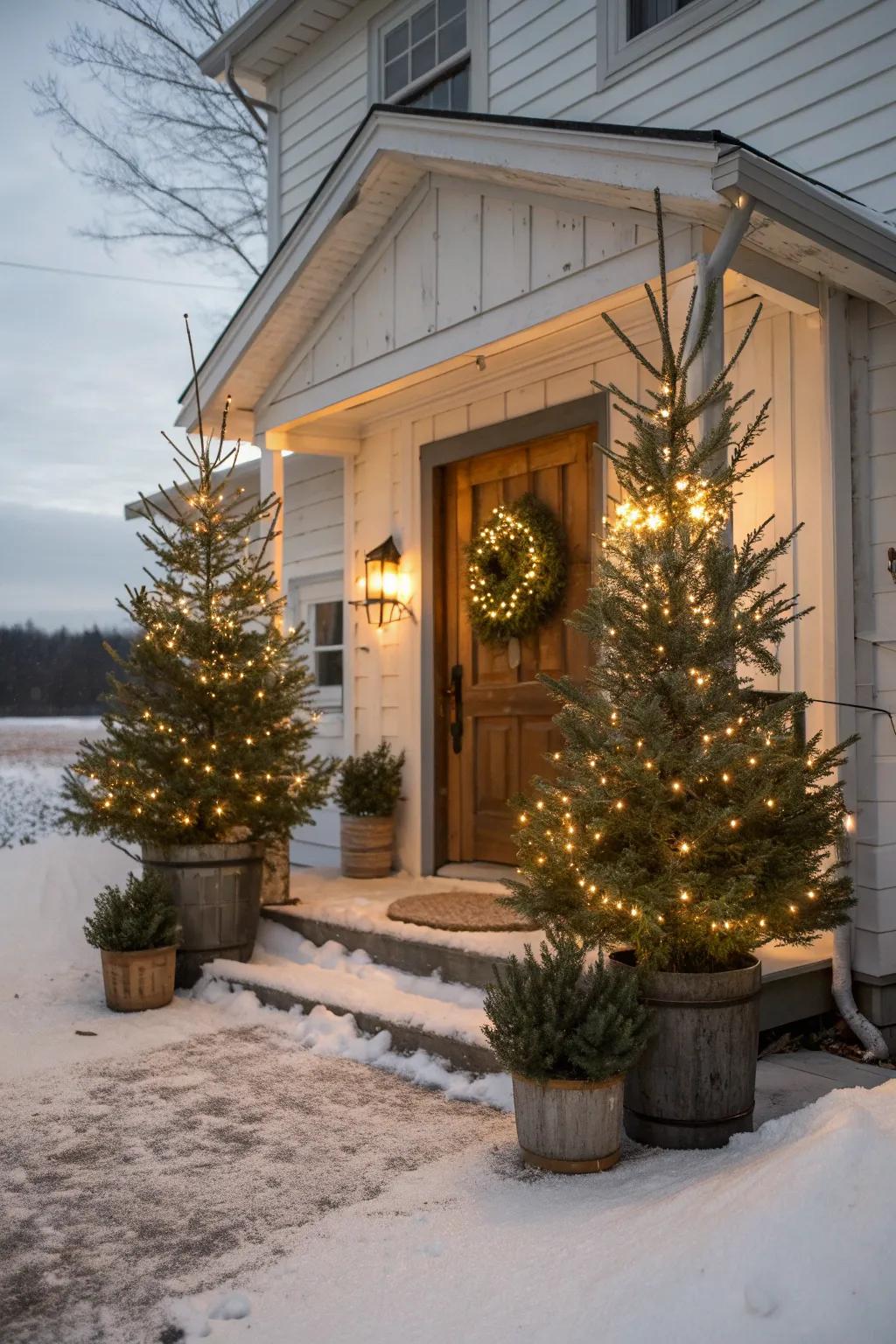 Mini Christmas trees add a festive sparkle to your entrance.