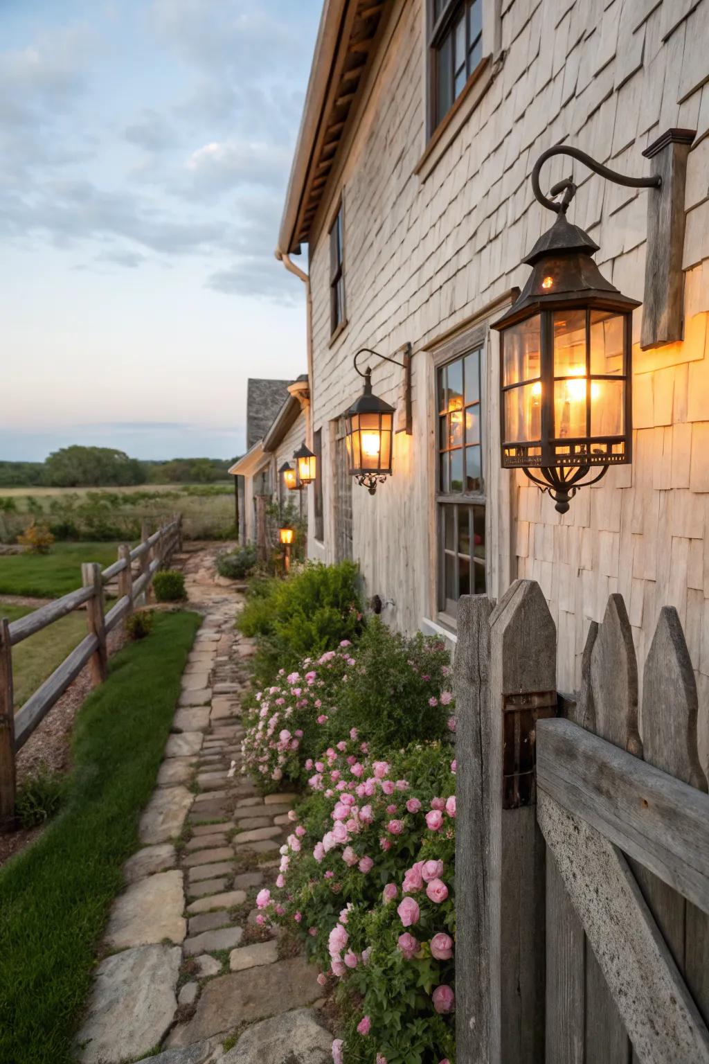 Rustic lighting fixtures enhance the classic farmhouse aesthetic.