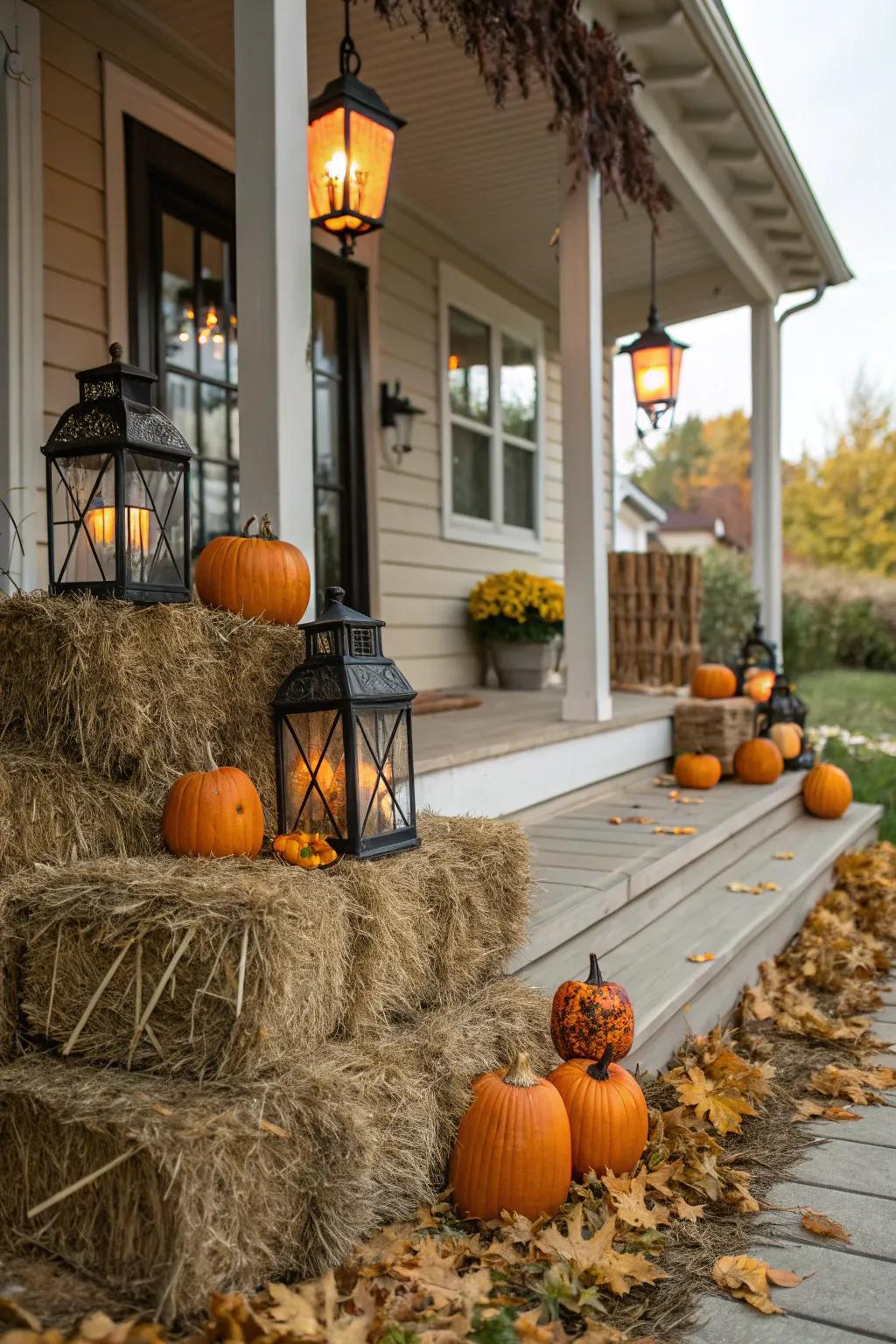Hay bales create a layered look on this cozy porch.