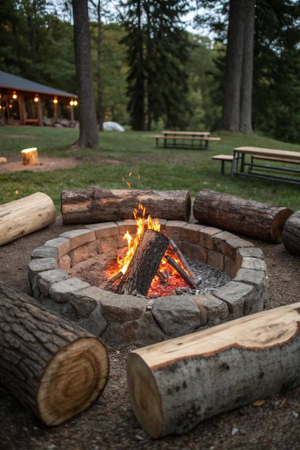 Rustic logs providing natural seating around a fire pit.