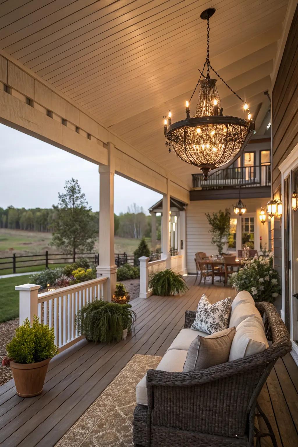 An outdoor chandelier adds elegance and sophistication to larger porches.