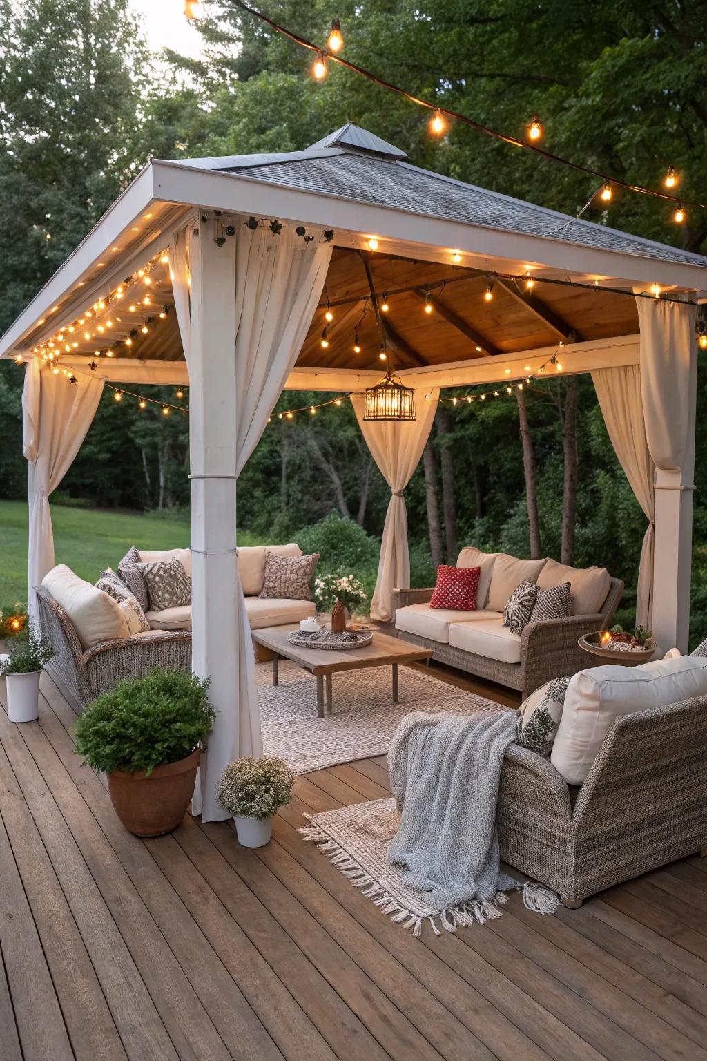 A welcoming outdoor living room within a farmhouse gazebo, perfect for relaxation.