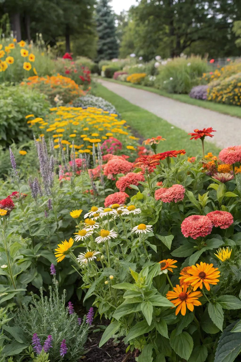 Bursting with color, these flower beds create a lively ambiance.