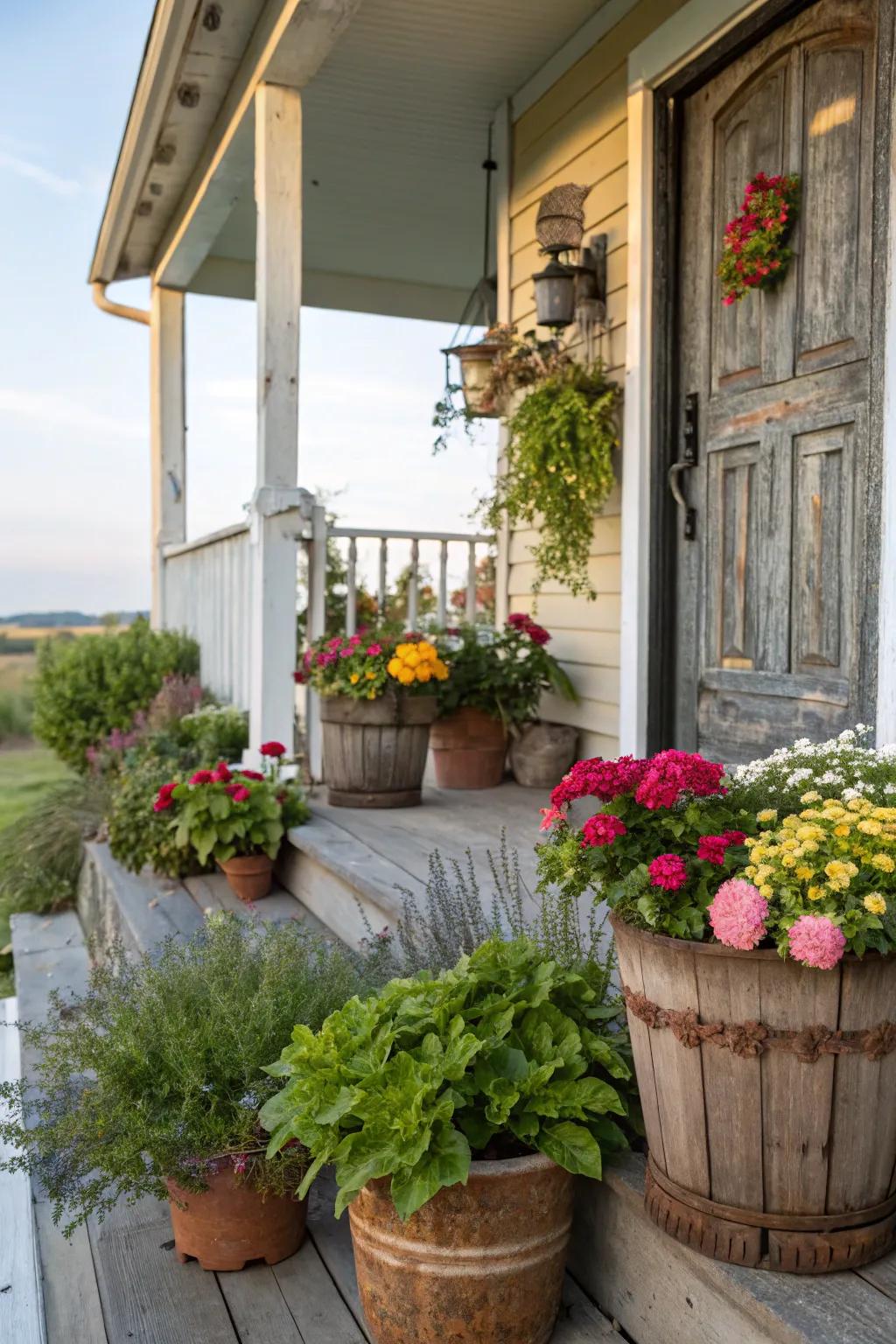 Vibrant potted plants bring life and color to any porch.