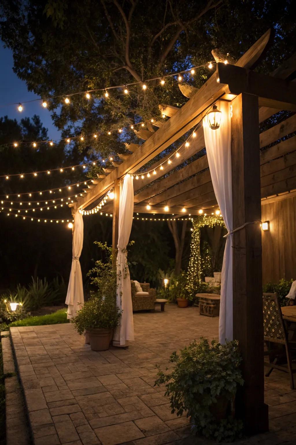 String lights transform your pergola into a magical nighttime retreat.