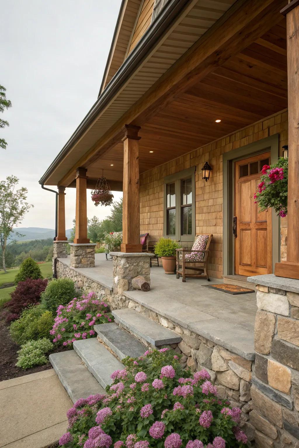 Sturdy stone bases complement the wooden columns beautifully.